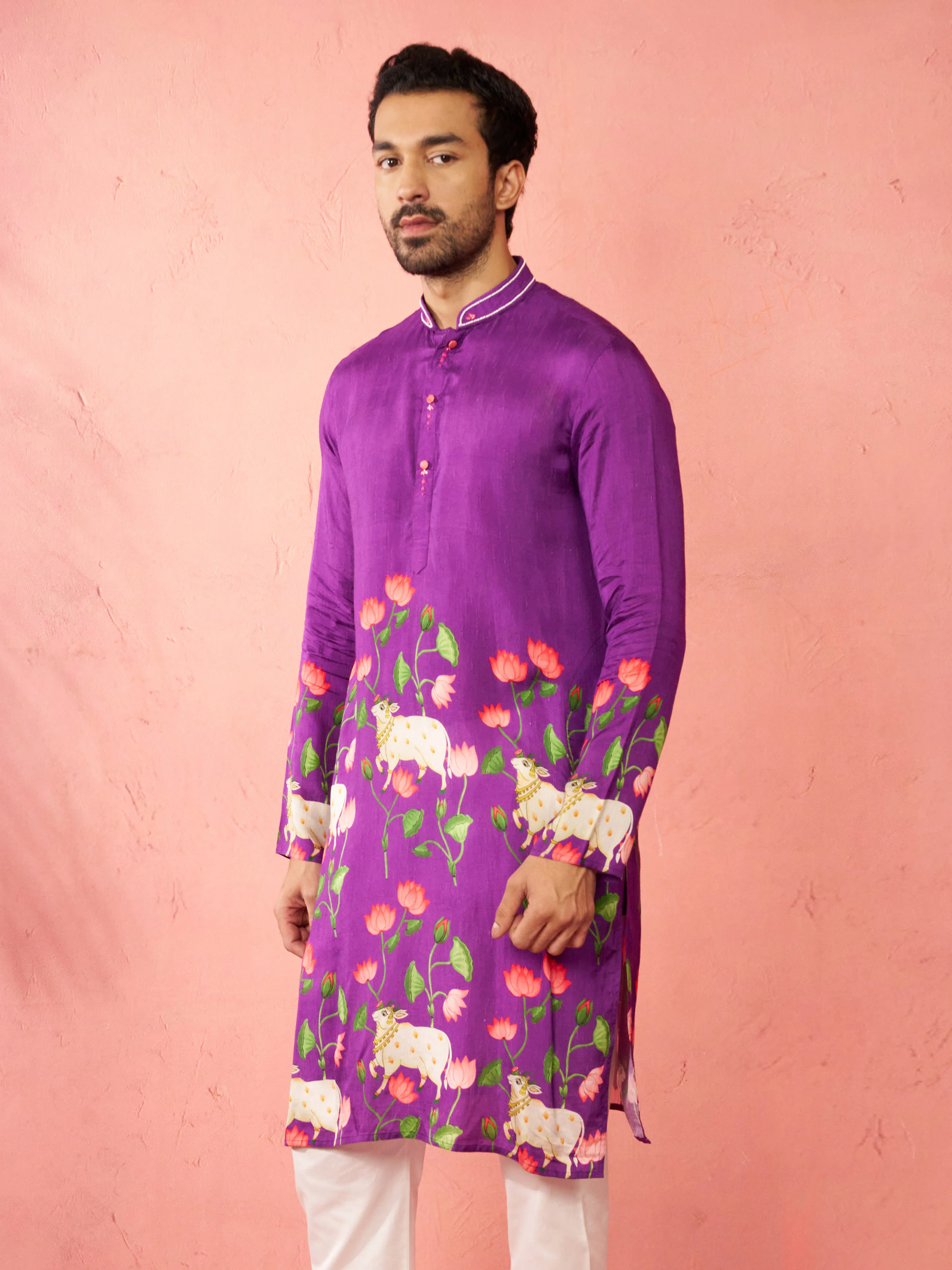 Men's Purple Digital Print Long Kurta - Image 4