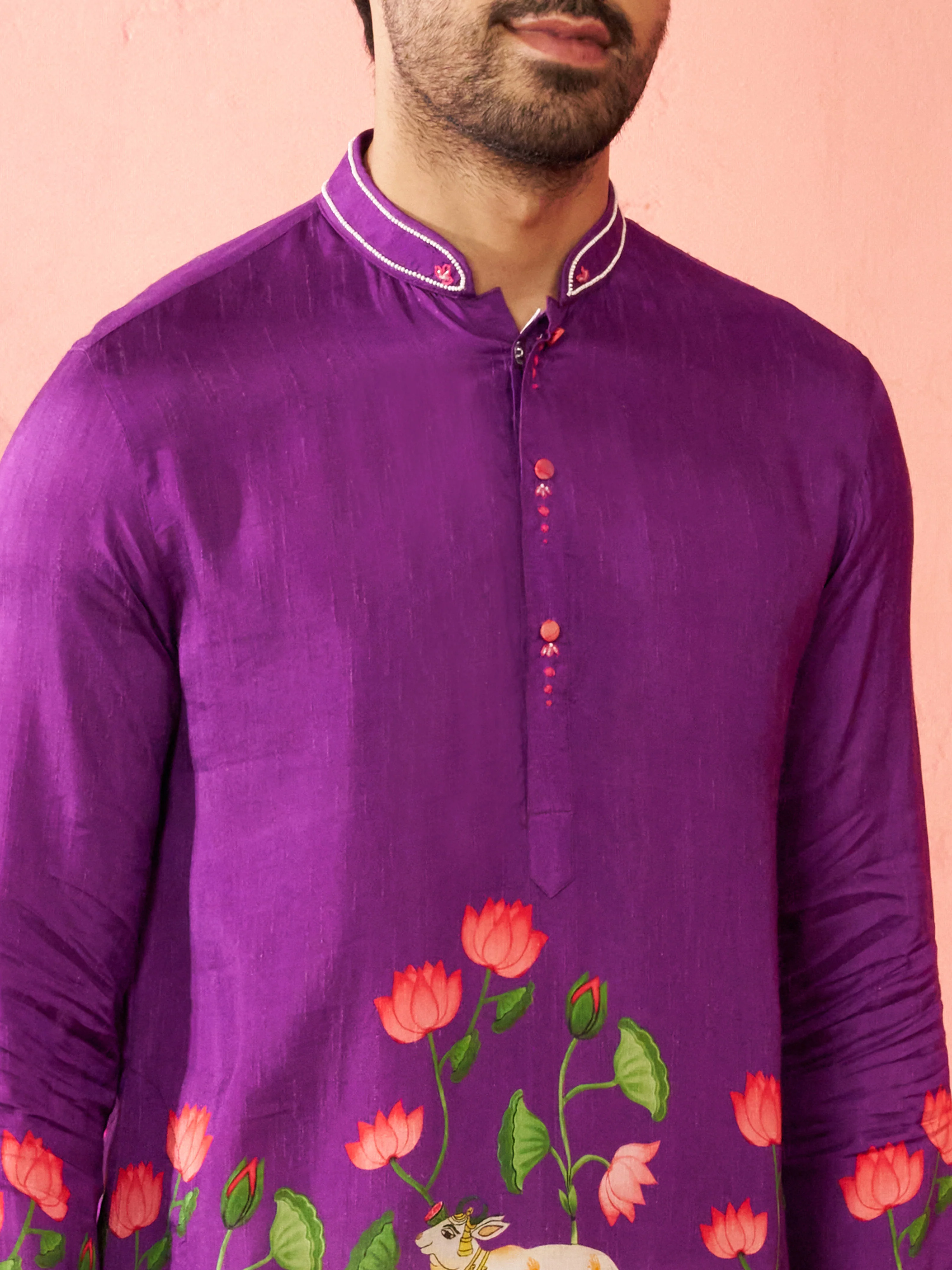 Men's Purple Dola Silk Digital Print Kurta with Cream Pyjama - Image 2