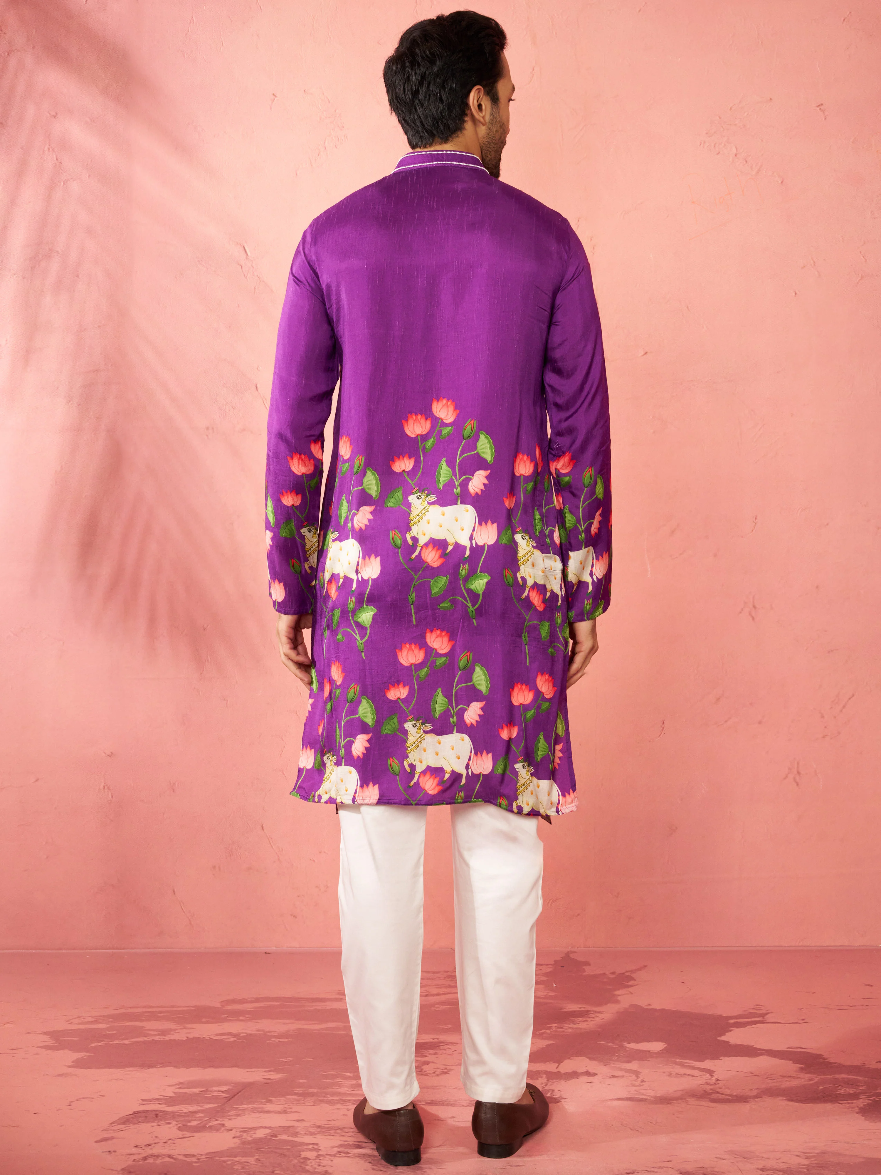 Men's Purple Dola Silk Digital Print Kurta with Cream Pyjama - Image 5