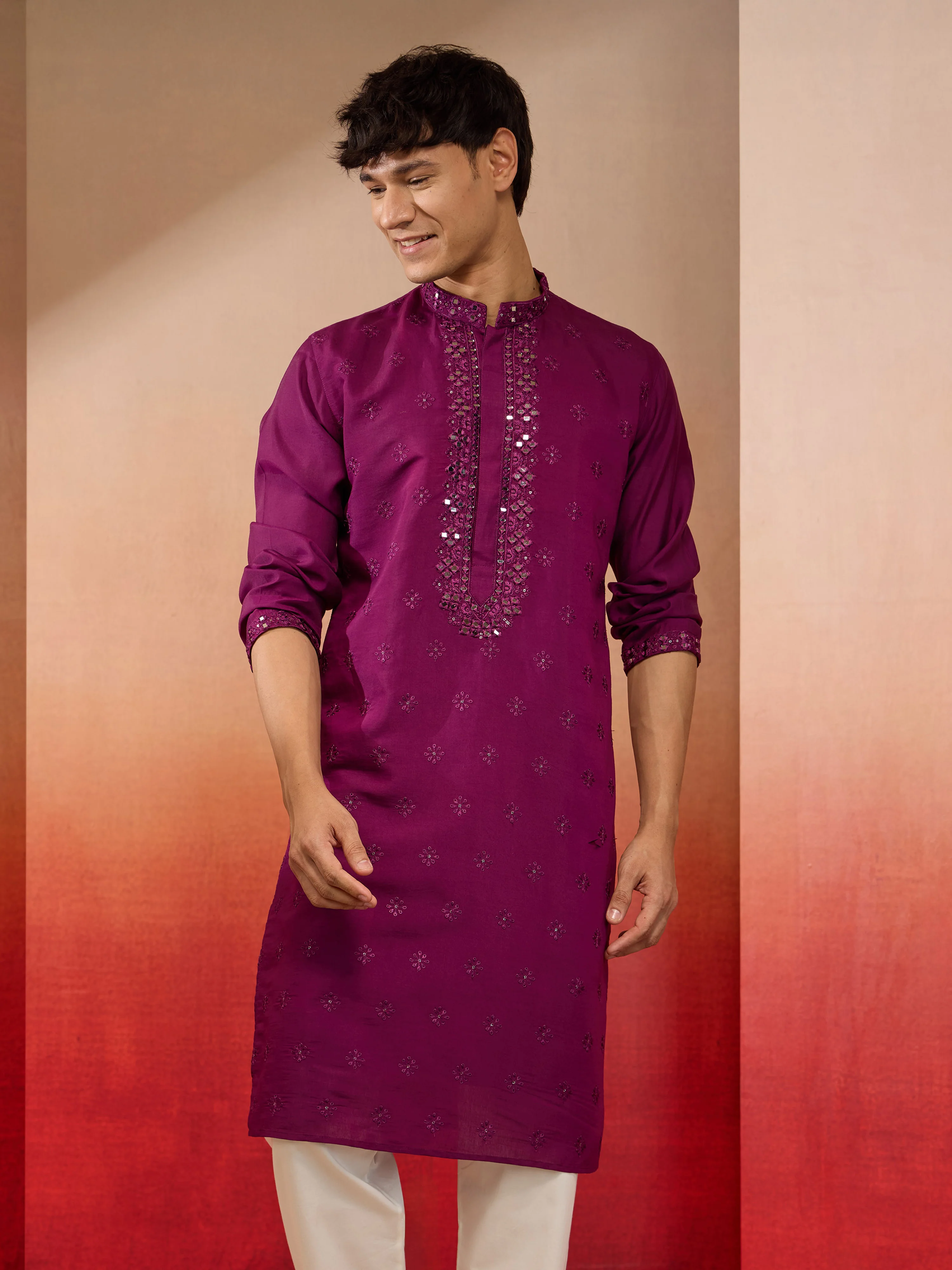 Men's Purple Embroidered Silk Kurta - Image 3