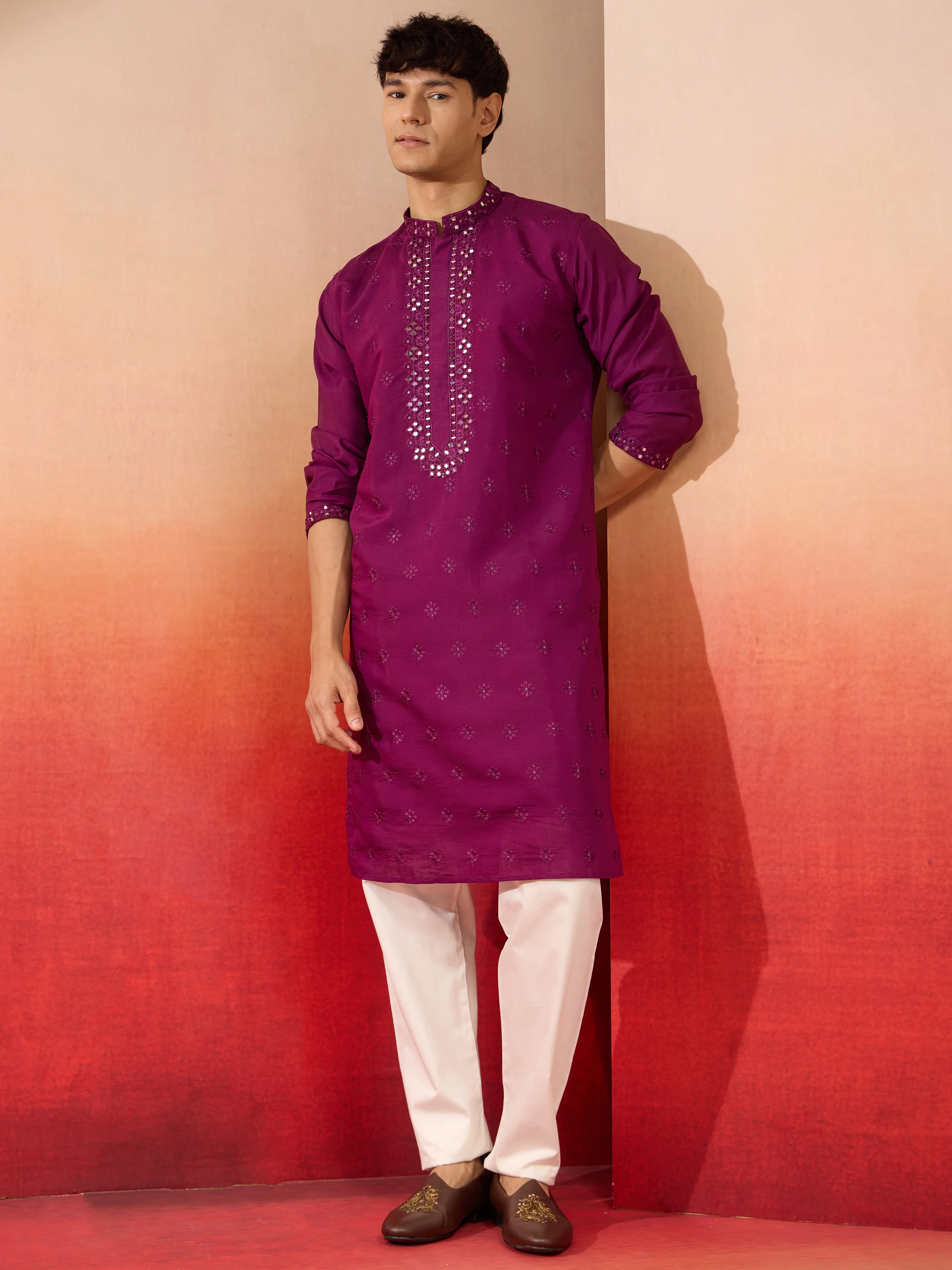 Men's Purple Embroidered Silk Kurta - Image 6