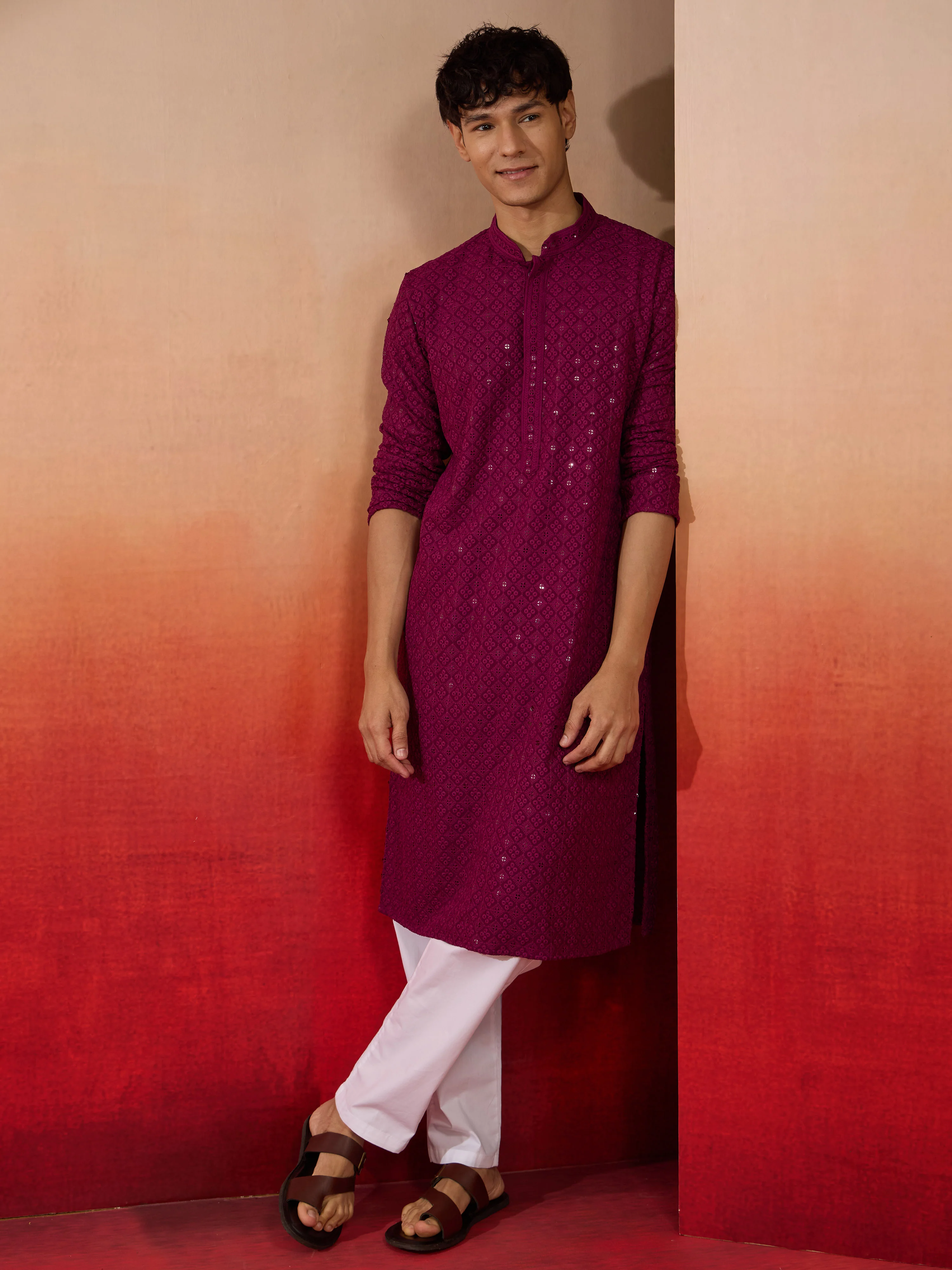 Men's Purple Sequin Embroidered Long Kurta - Image 6