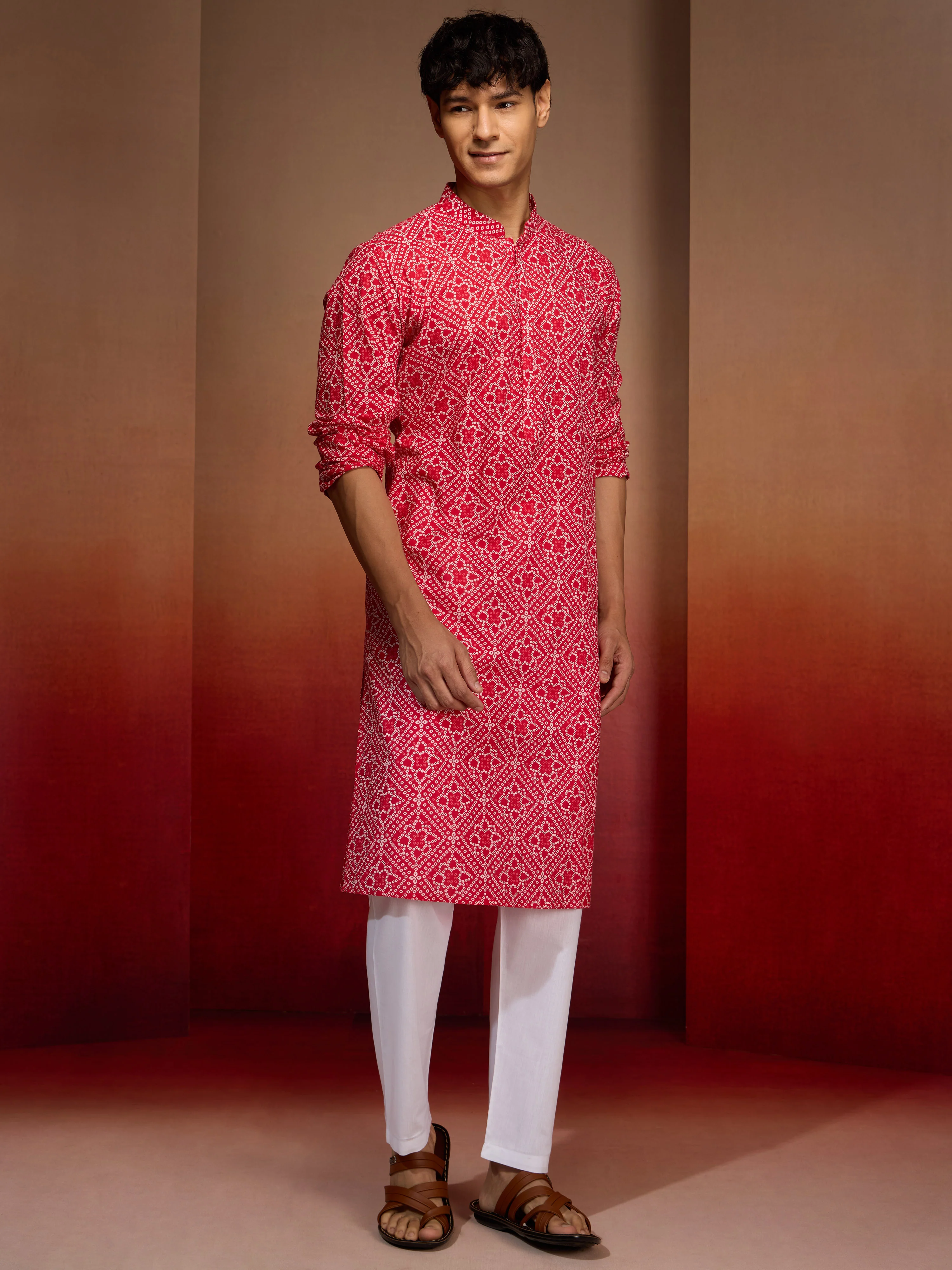 Men's Red Bandhani Kurta with Pyjama - Image 3