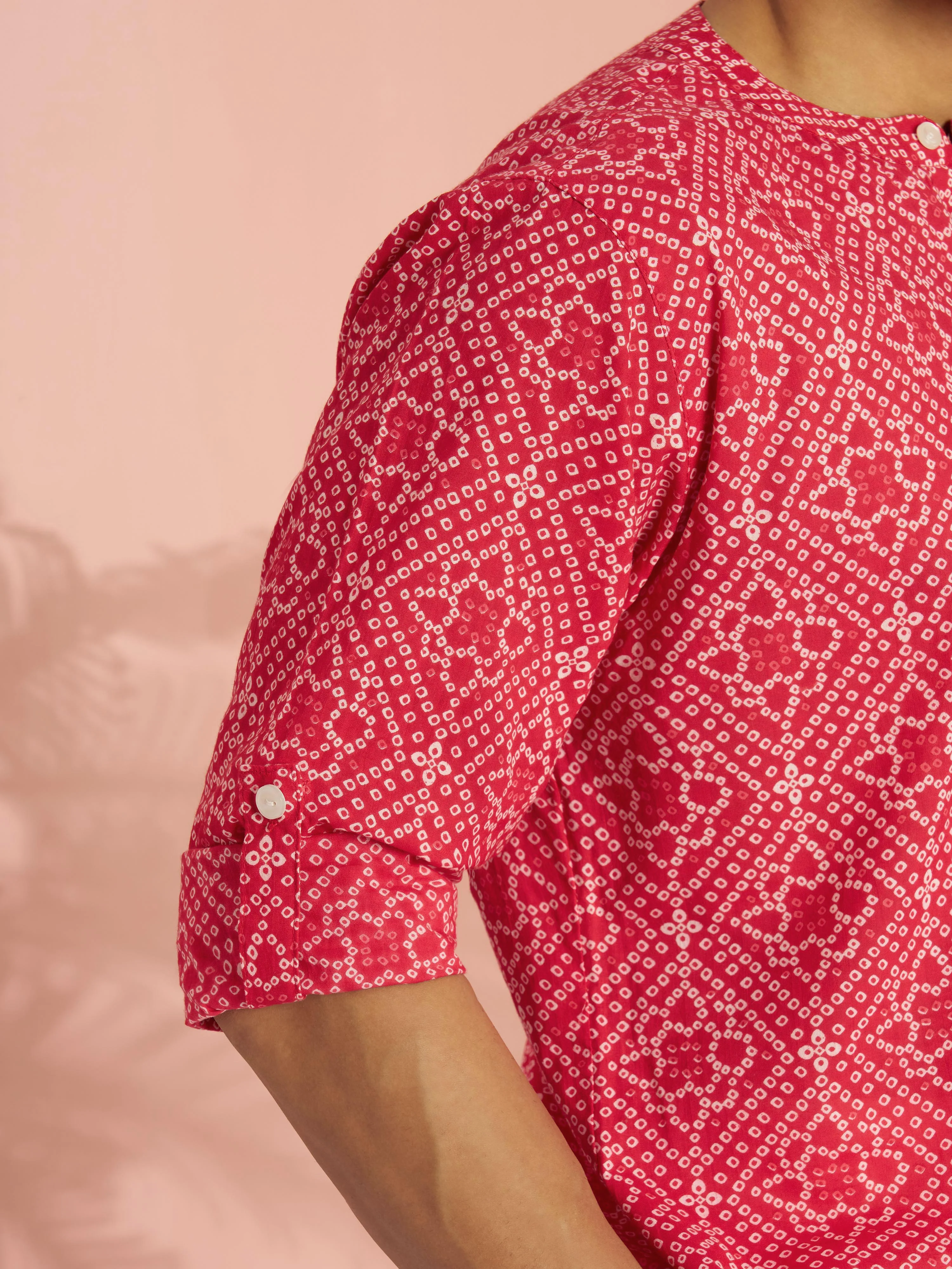 Men's Red Bandhani Printed Kurta with Cream Wide Leg Pant Set - Image 6