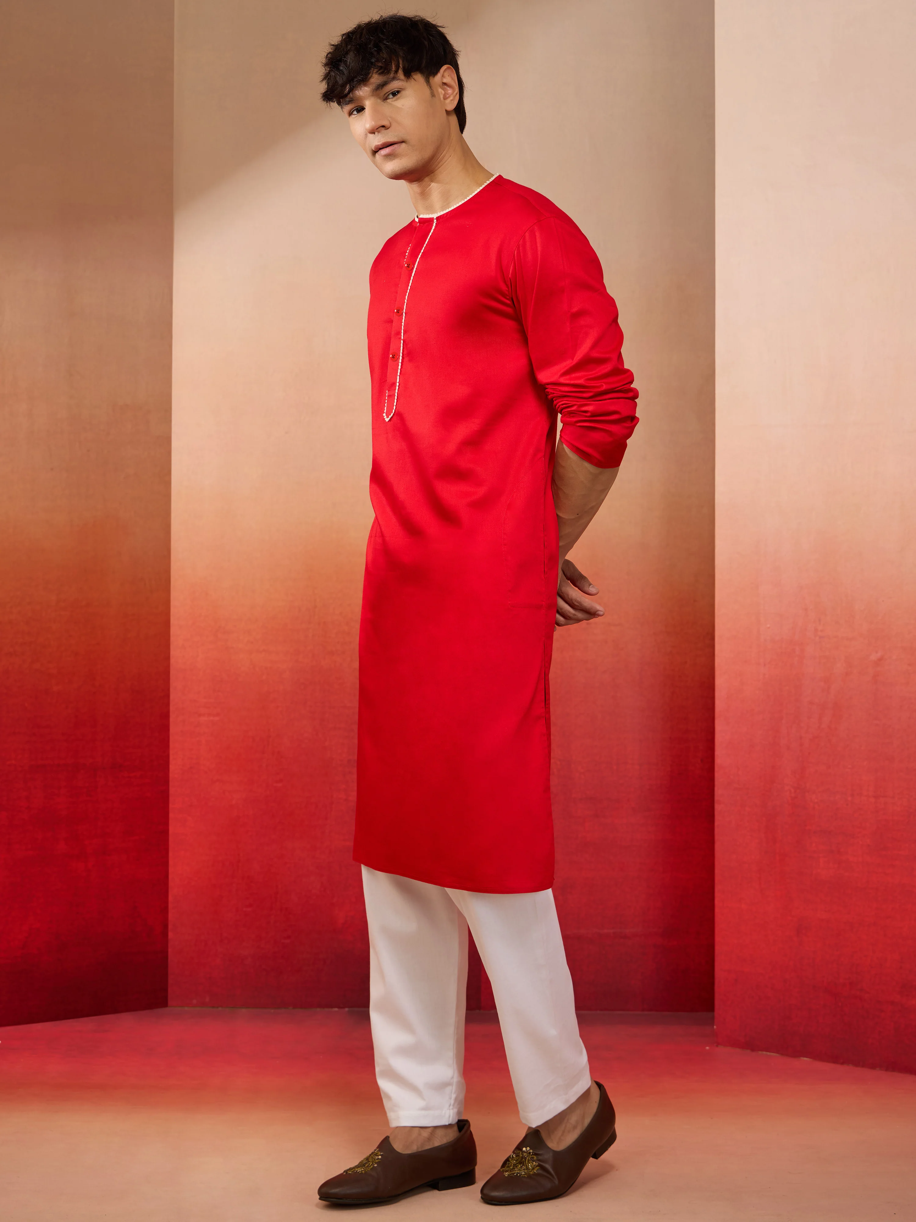 Mens Red Cotton Kurta White Pyjama Set - Image 3