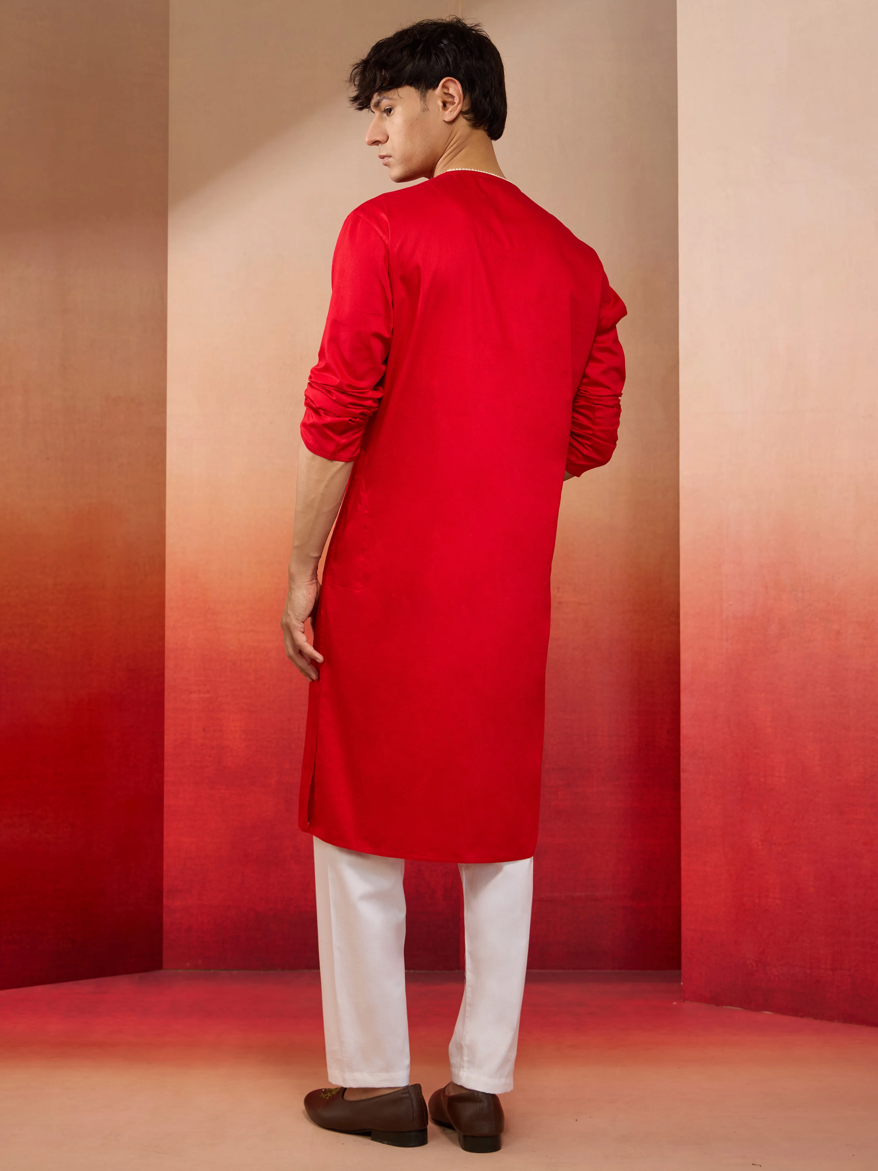 Mens Red Cotton Kurta White Pyjama Set - Image 5