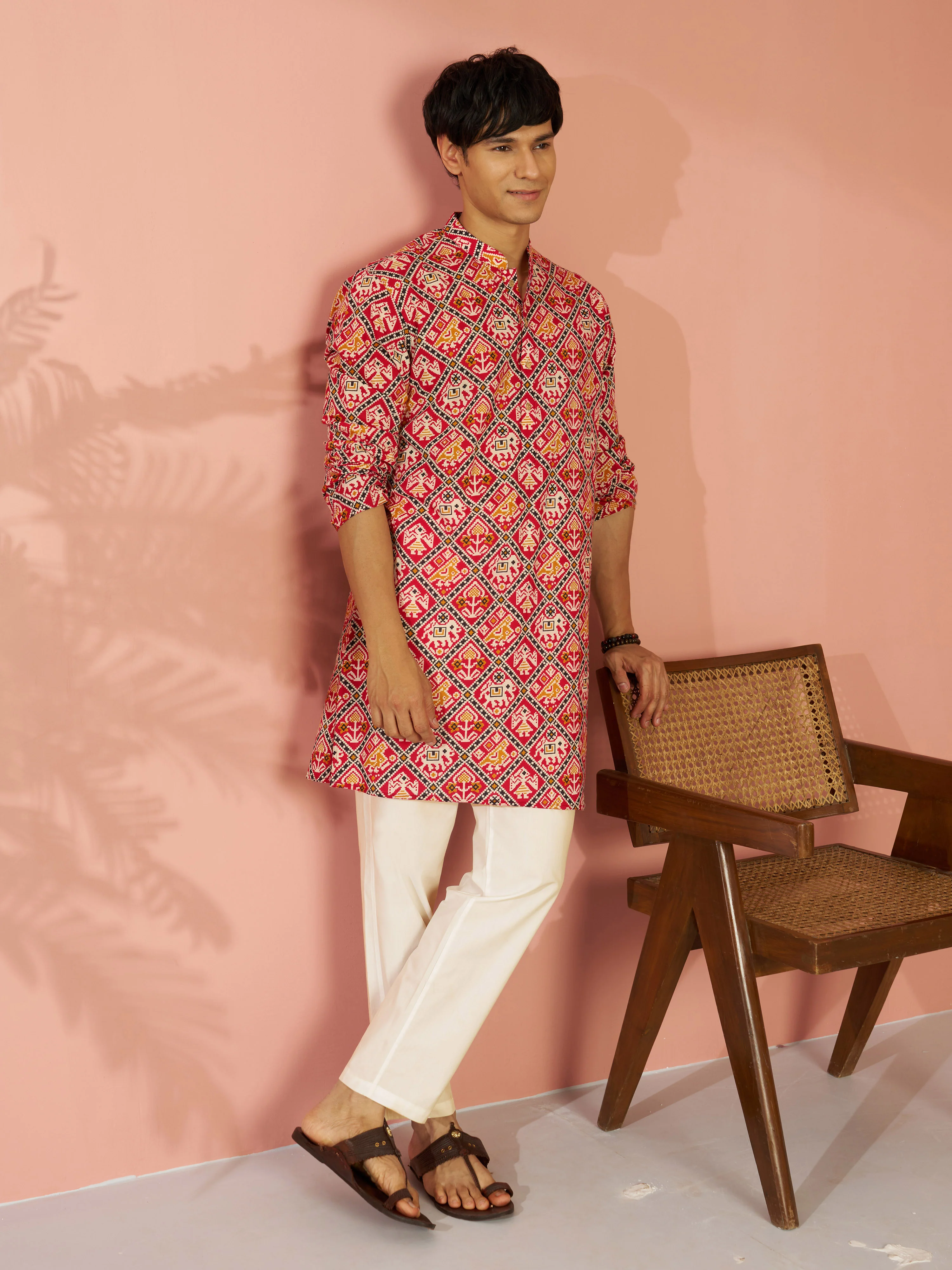 Men's Red Cotton Patola Printed Kurta with Cream Aligarh Pyjama Set