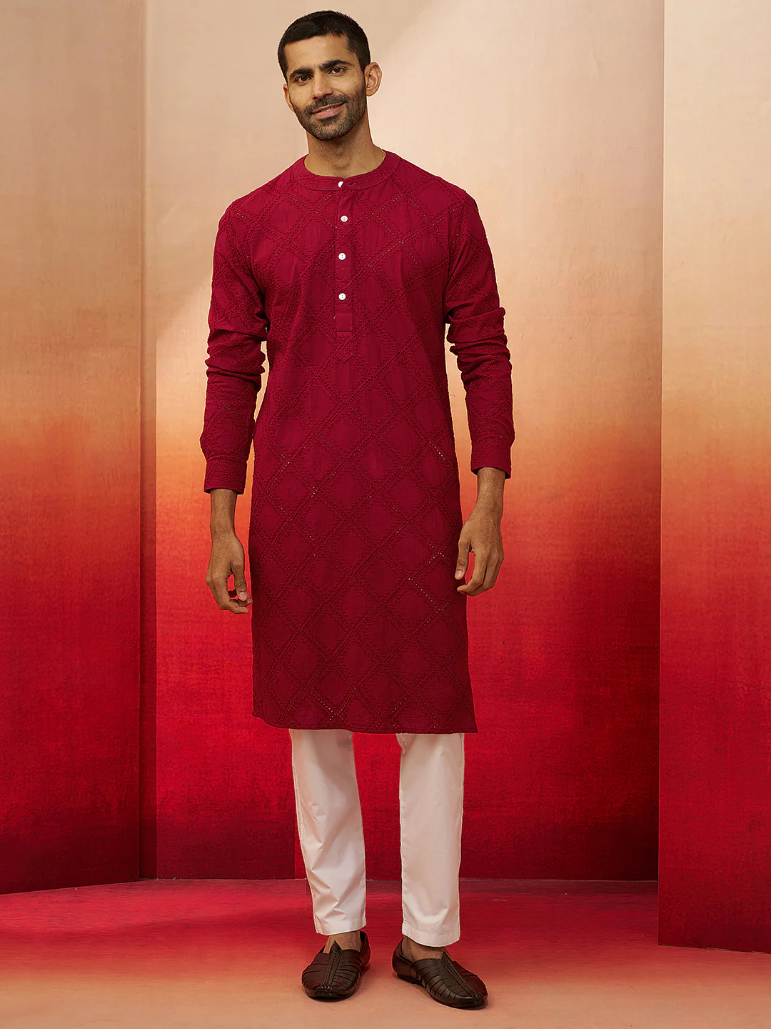 Men's Red Thread Embroidered Kurta with Pyjama - Image 4