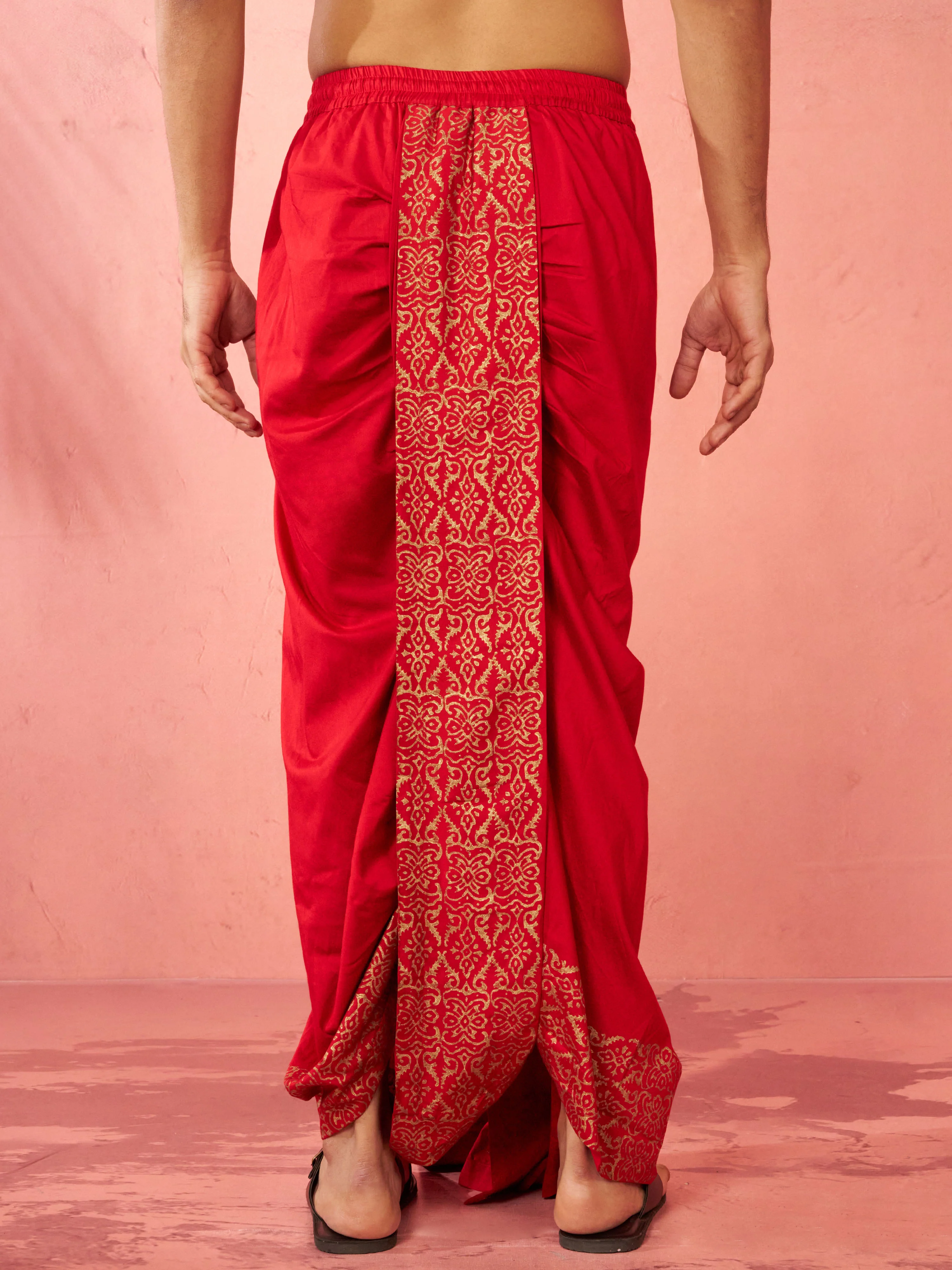 Men's Red Viscose Dhoti Traditional Border Print - Image 4