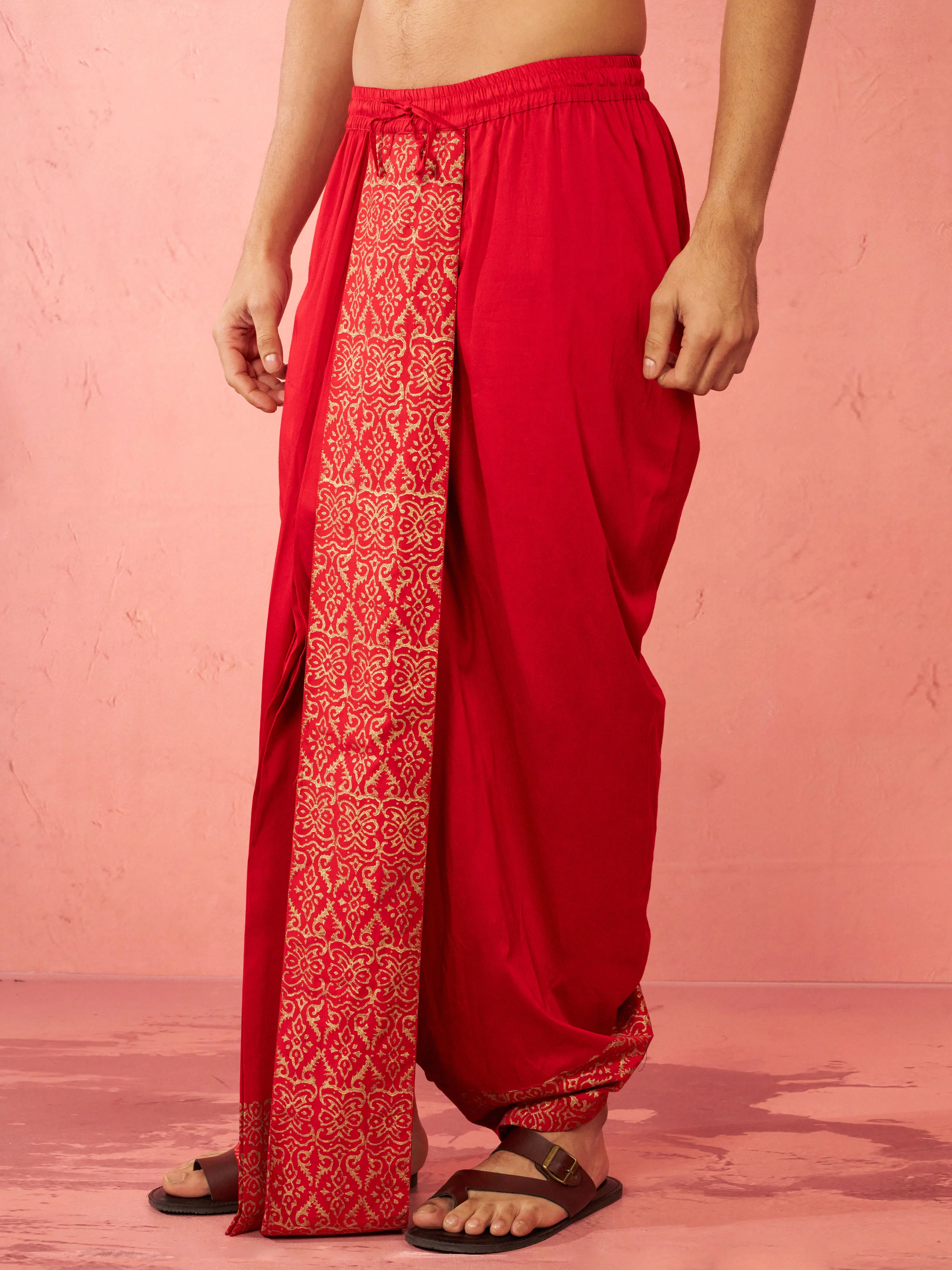 Men's Red Viscose Dhoti Traditional Border Print - Image 5