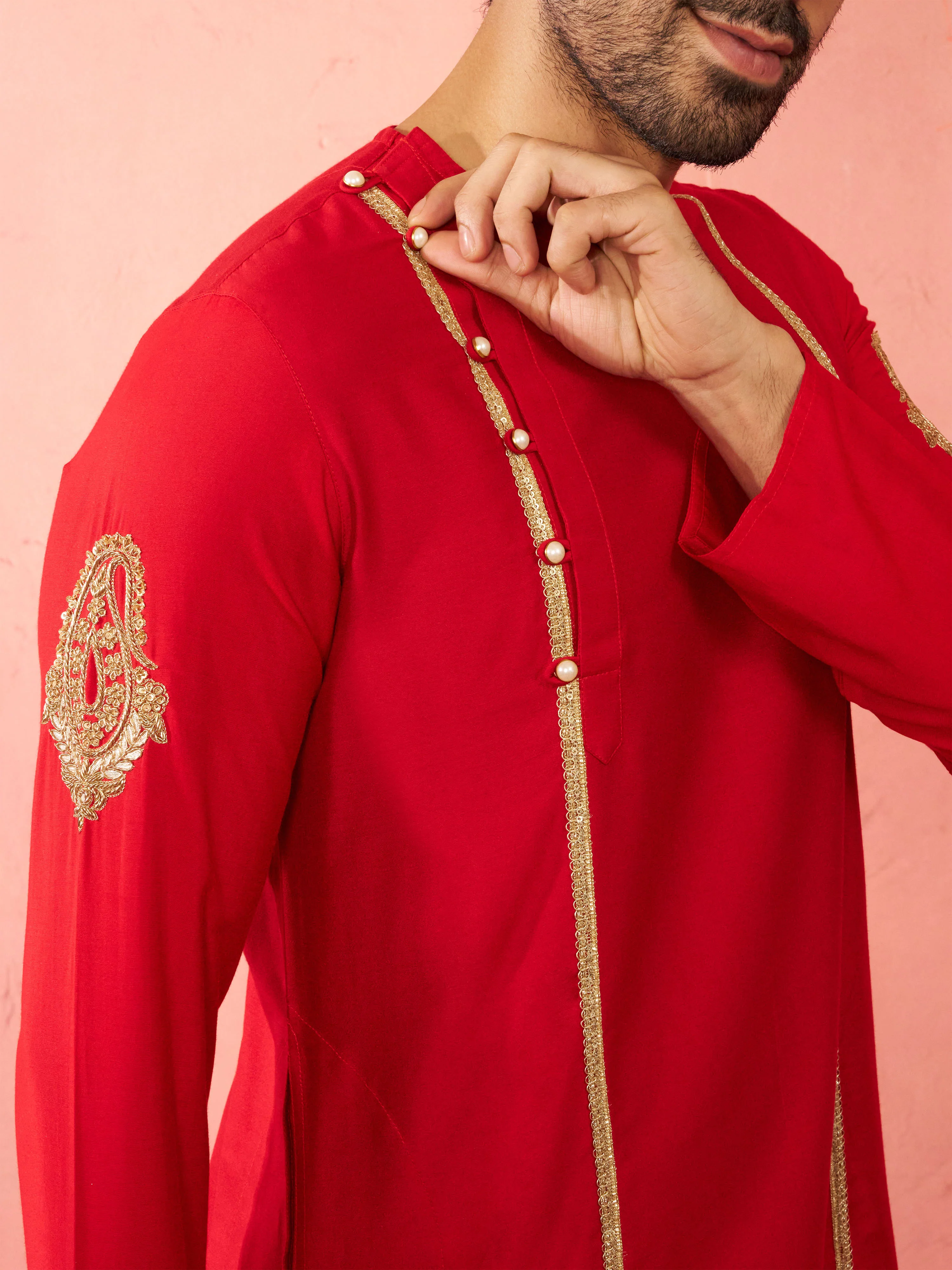 Men's Red Zardozi Embroidered Viscose Kurta - Image 2