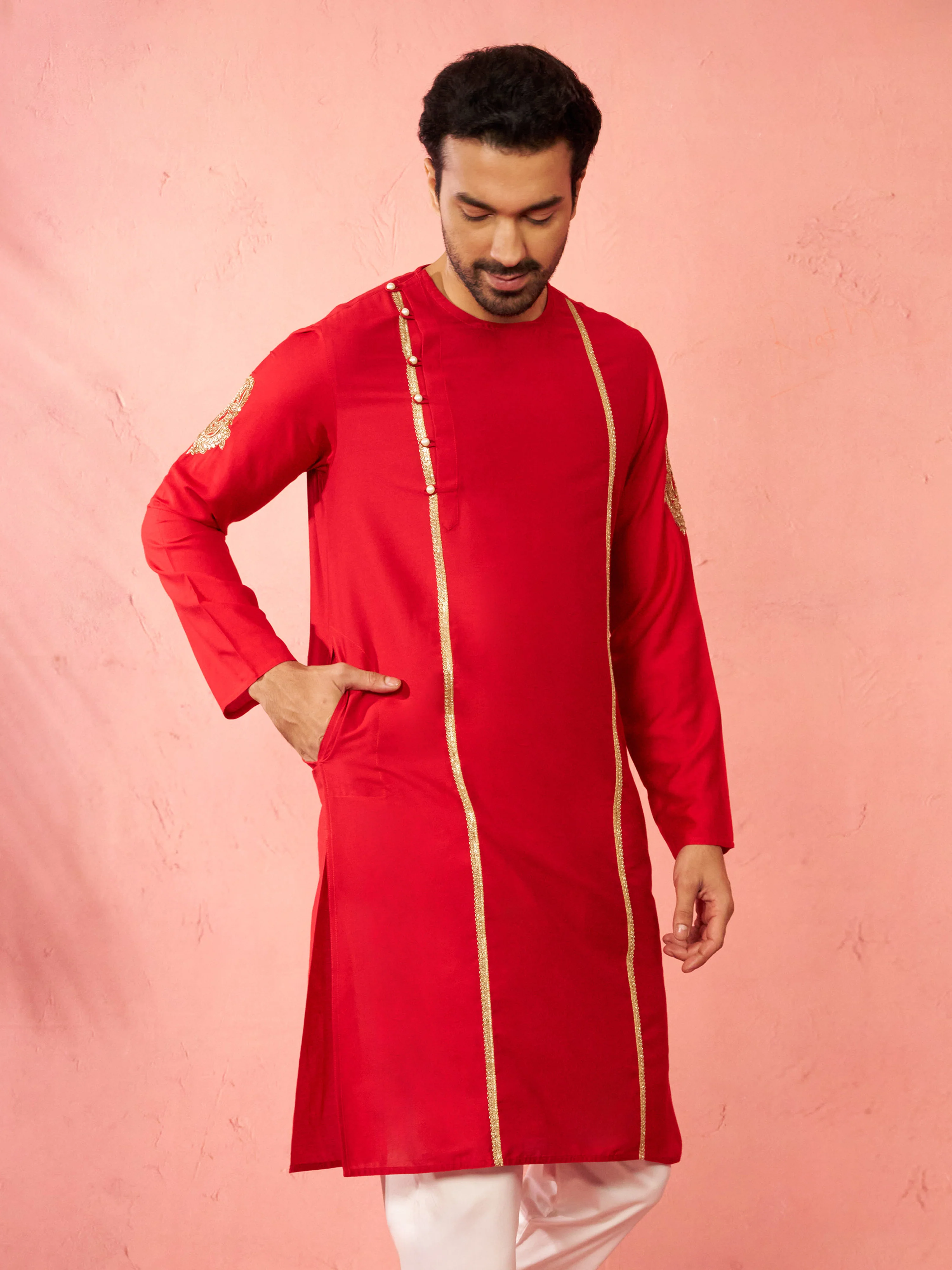 Men's Red Zardozi Embroidered Viscose Kurta - Image 5