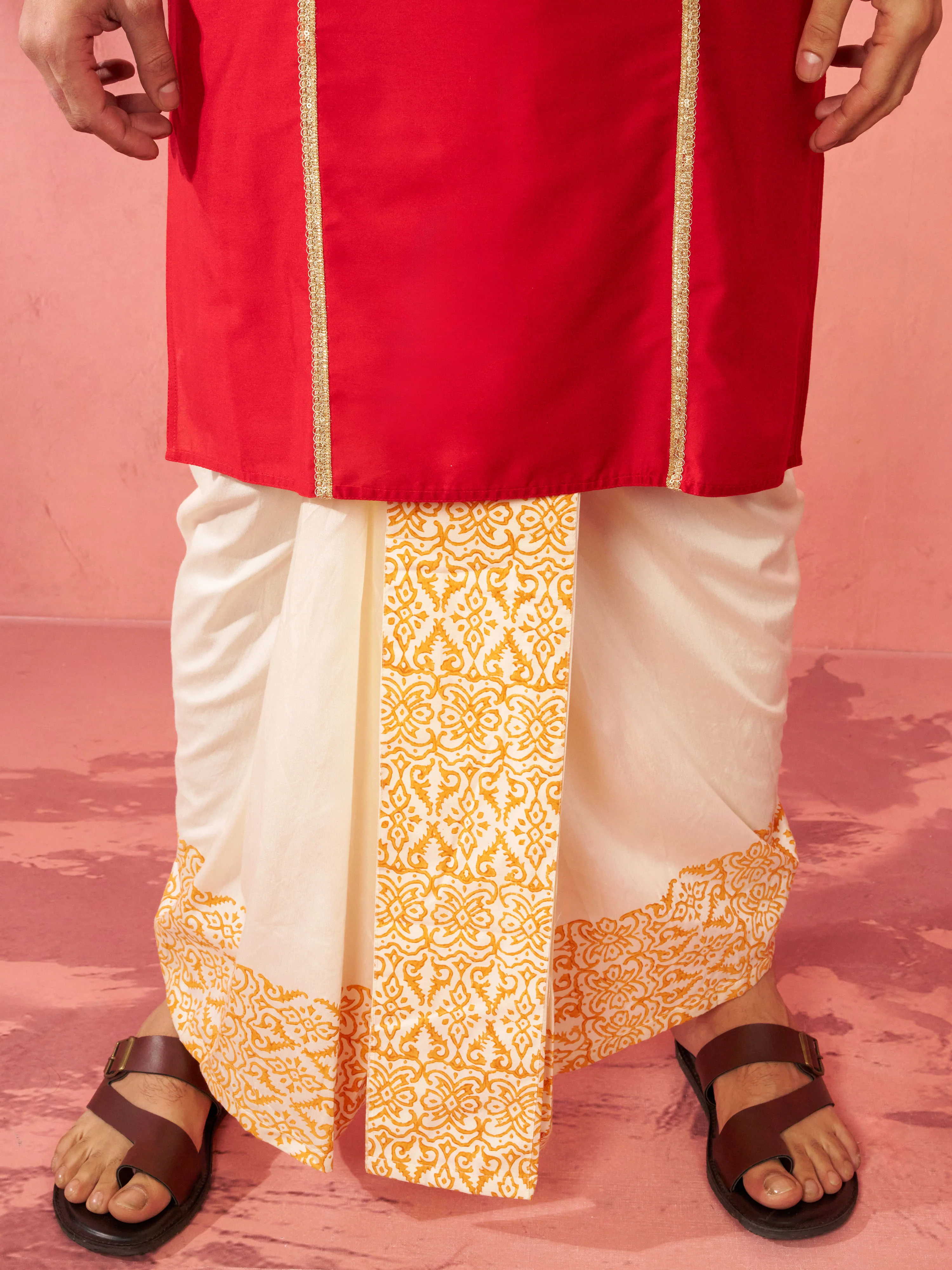 Mens Red Zardozi Kurta Cream Dhoti Set - Image 6