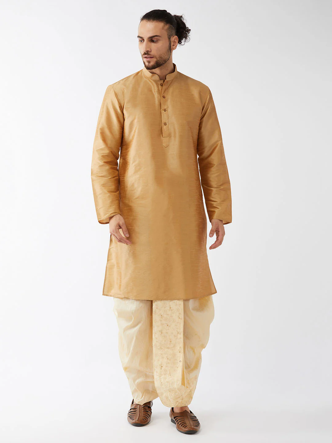 Men's Rose Gold And Gold Silk Blend Kurta And Dhoti Set - Image 2