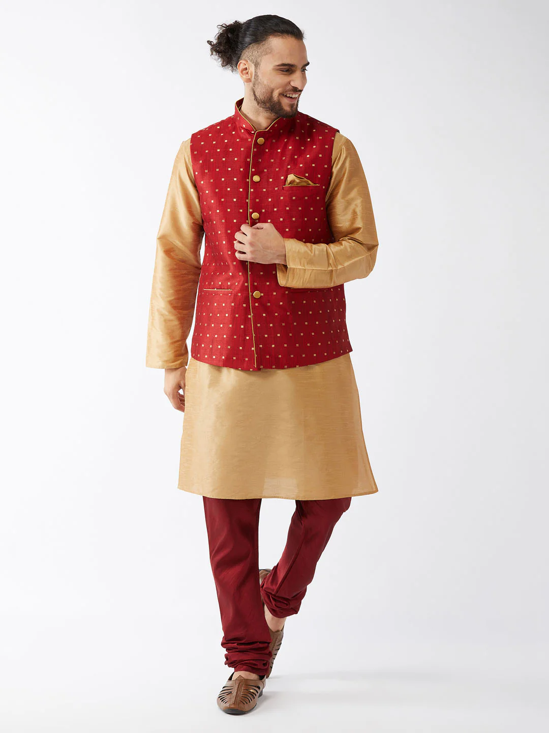 Men's Maroon Zari Weaved Jacket With Kurta Pyjama Set