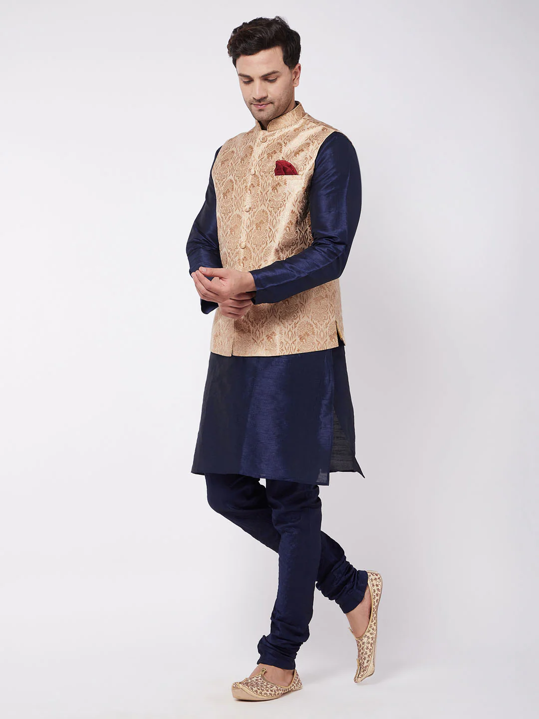 Men's Rose Gold Jacquard Jacket With Kurta Pyjama Set - Image 3