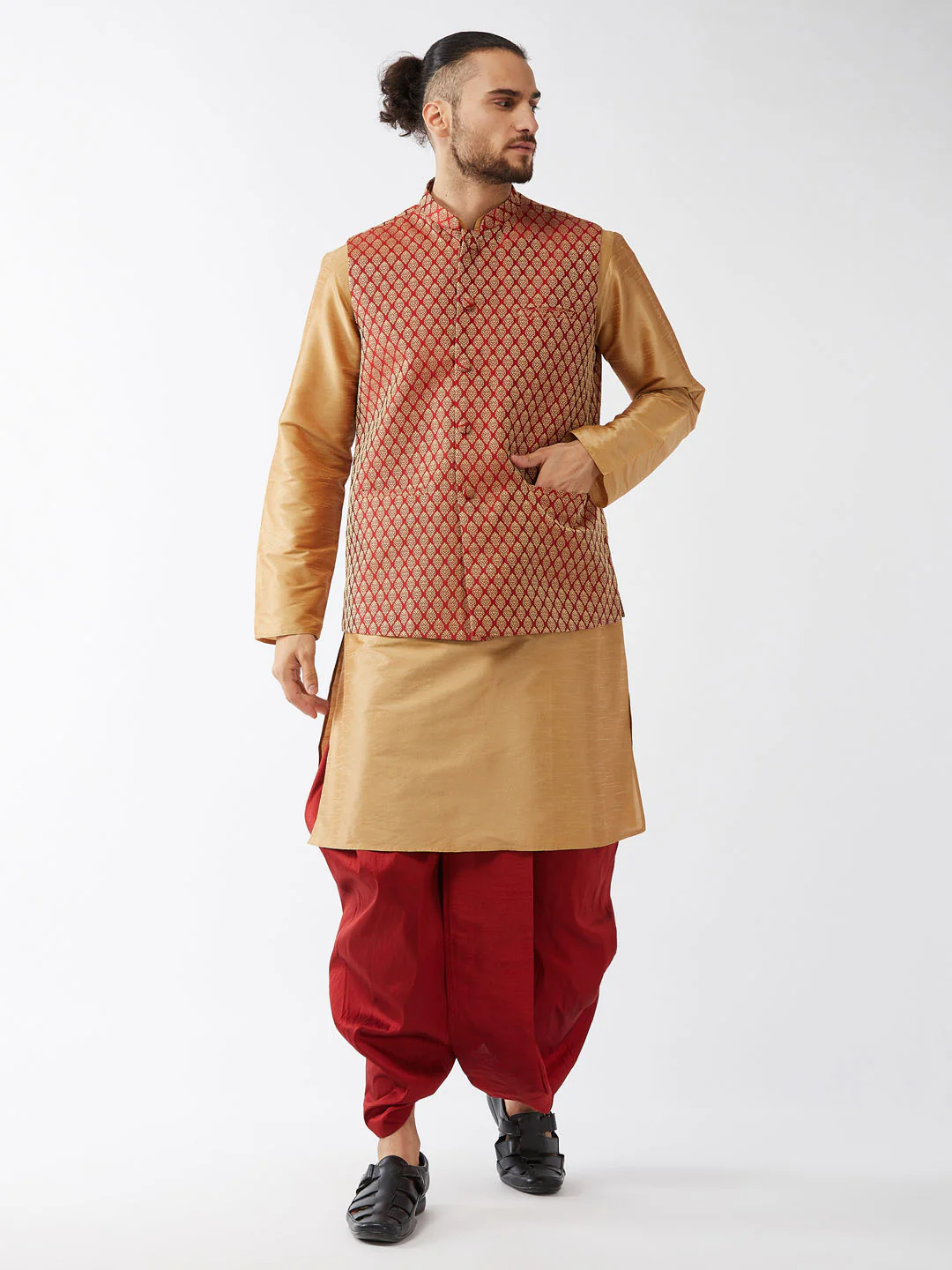 Men's Rose Gold Silk Blend Kurta And Dhoti With Maroon Woven Nehru Jacket - Image 2