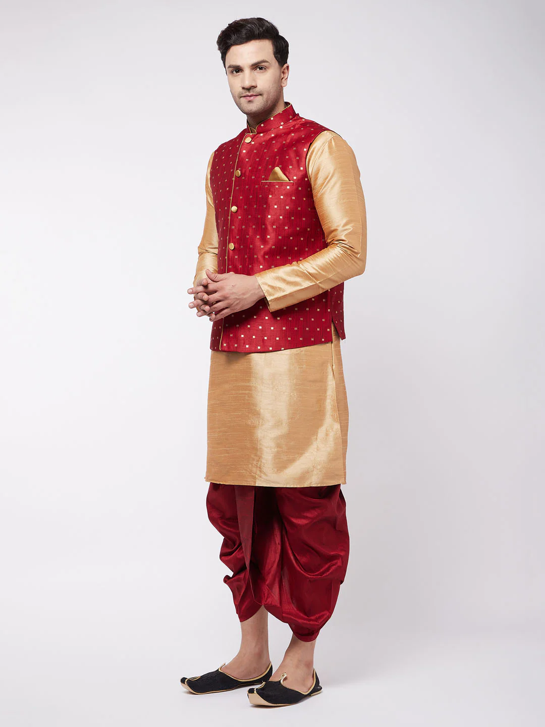 Men's Maroon Zari Weaved Jacket With Kurta Dhoti Set - Image 3