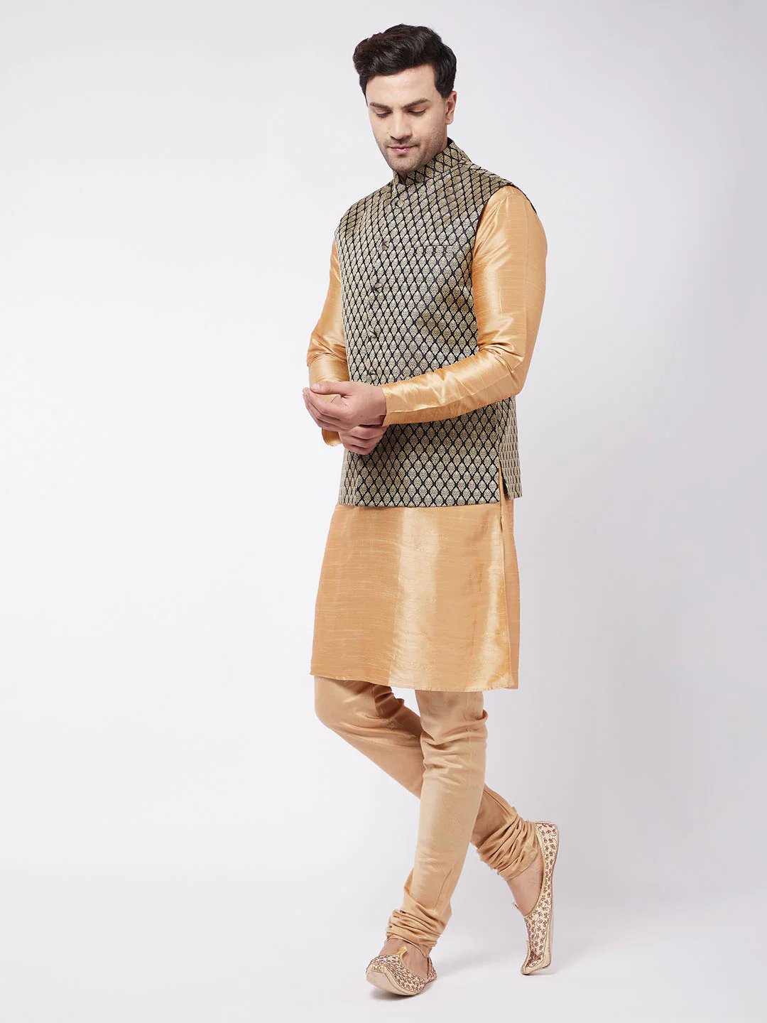 Men's Rose Gold Silk Blend Kurta And Pyjama With Black Woven Nehru Jacket - Image 3