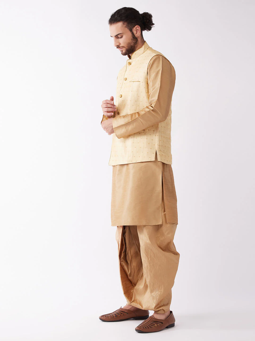 Men's Gold Zari Weaved Jacket With Kurta Dhoti Set - Image 2