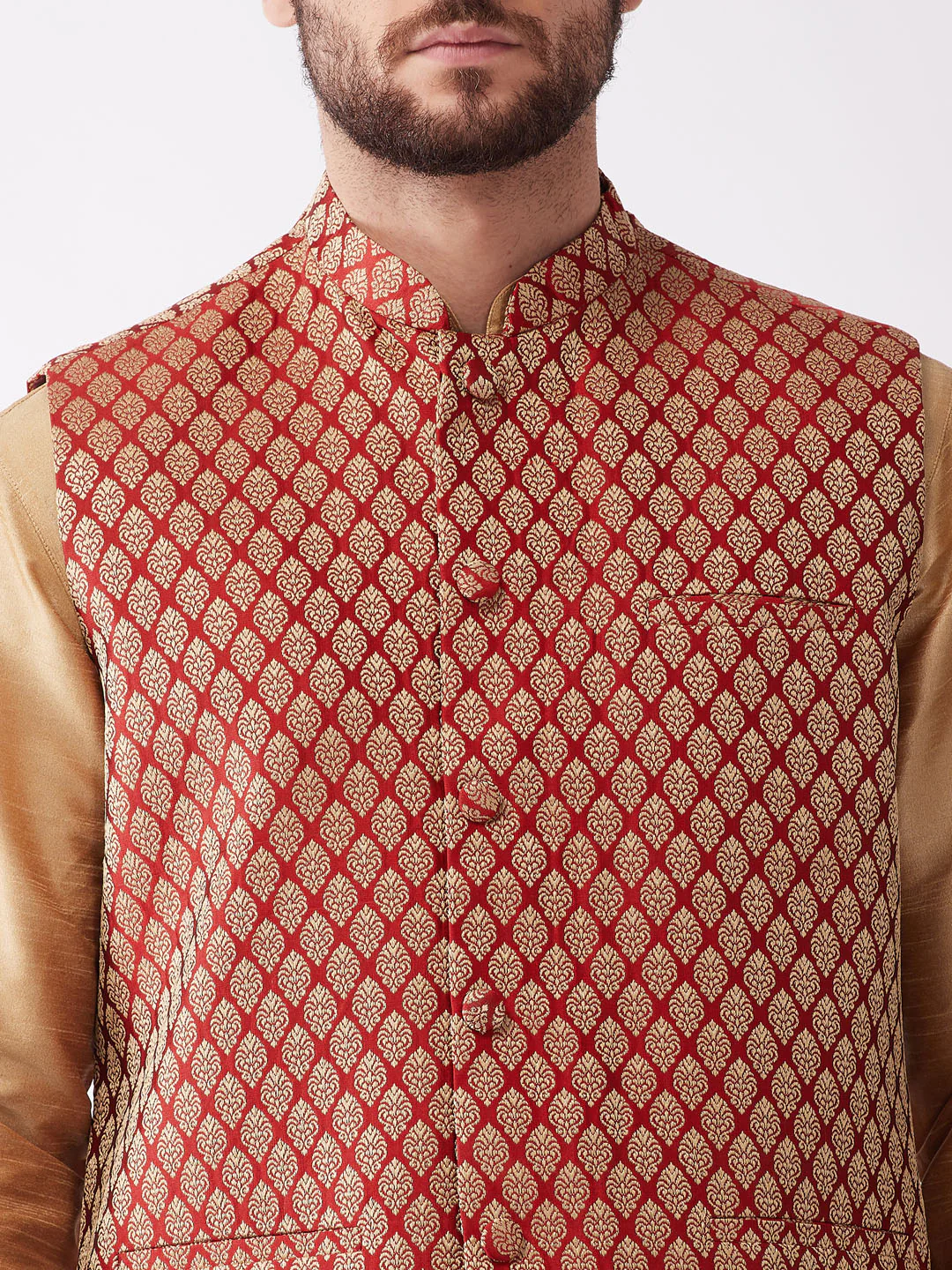 Men's Rose Gold Solid Silk Blend Kurta And Dhoti With Maroon Nehru Jacket - Image 4