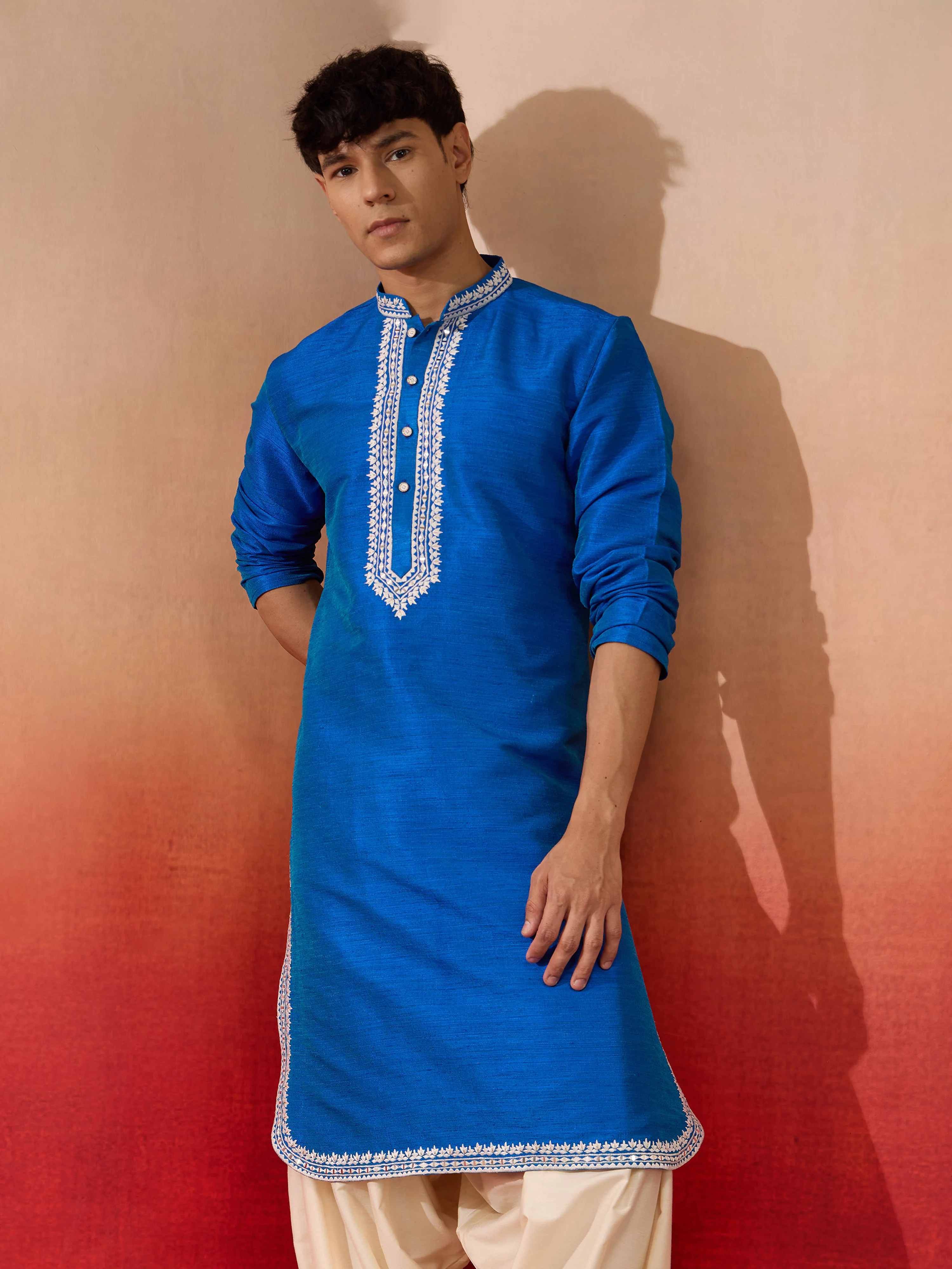 Men's Royal Blue Hand Embroidered Silk Kurta - Image 4