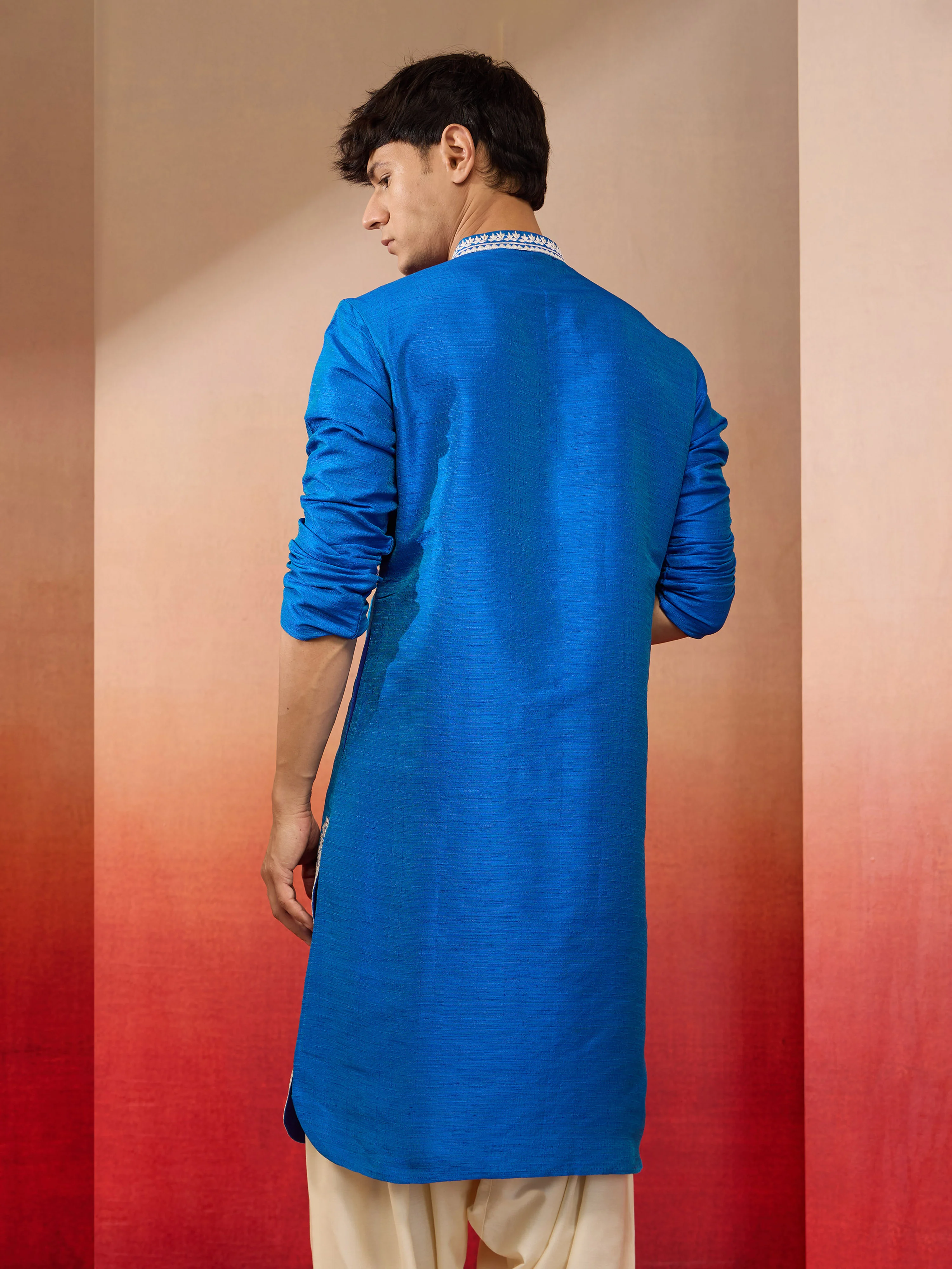 Men's Royal Blue Hand Embroidered Silk Kurta - Image 5