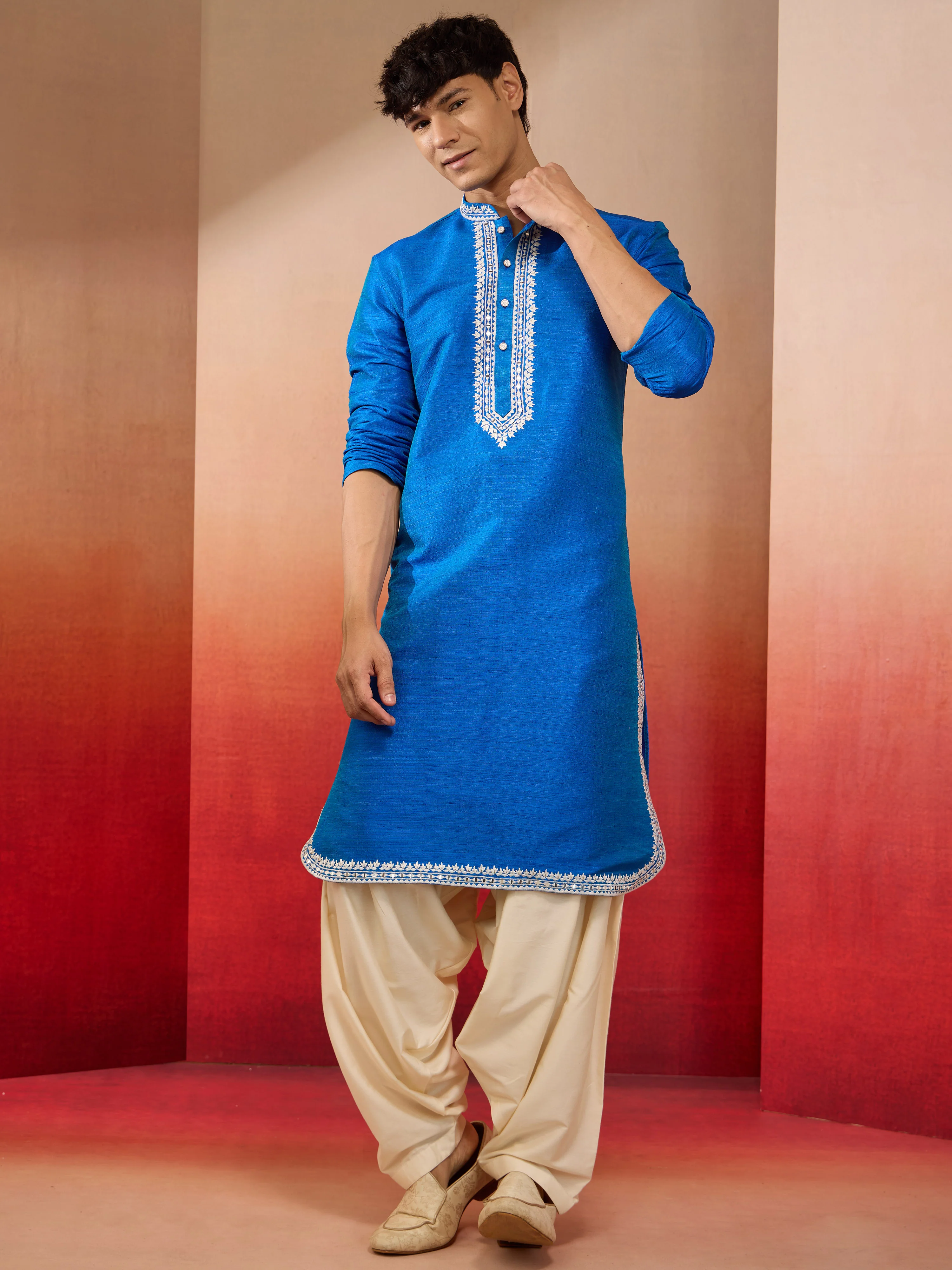 Men's Royal Blue Hand Embroidered Silk Kurta - Image 7