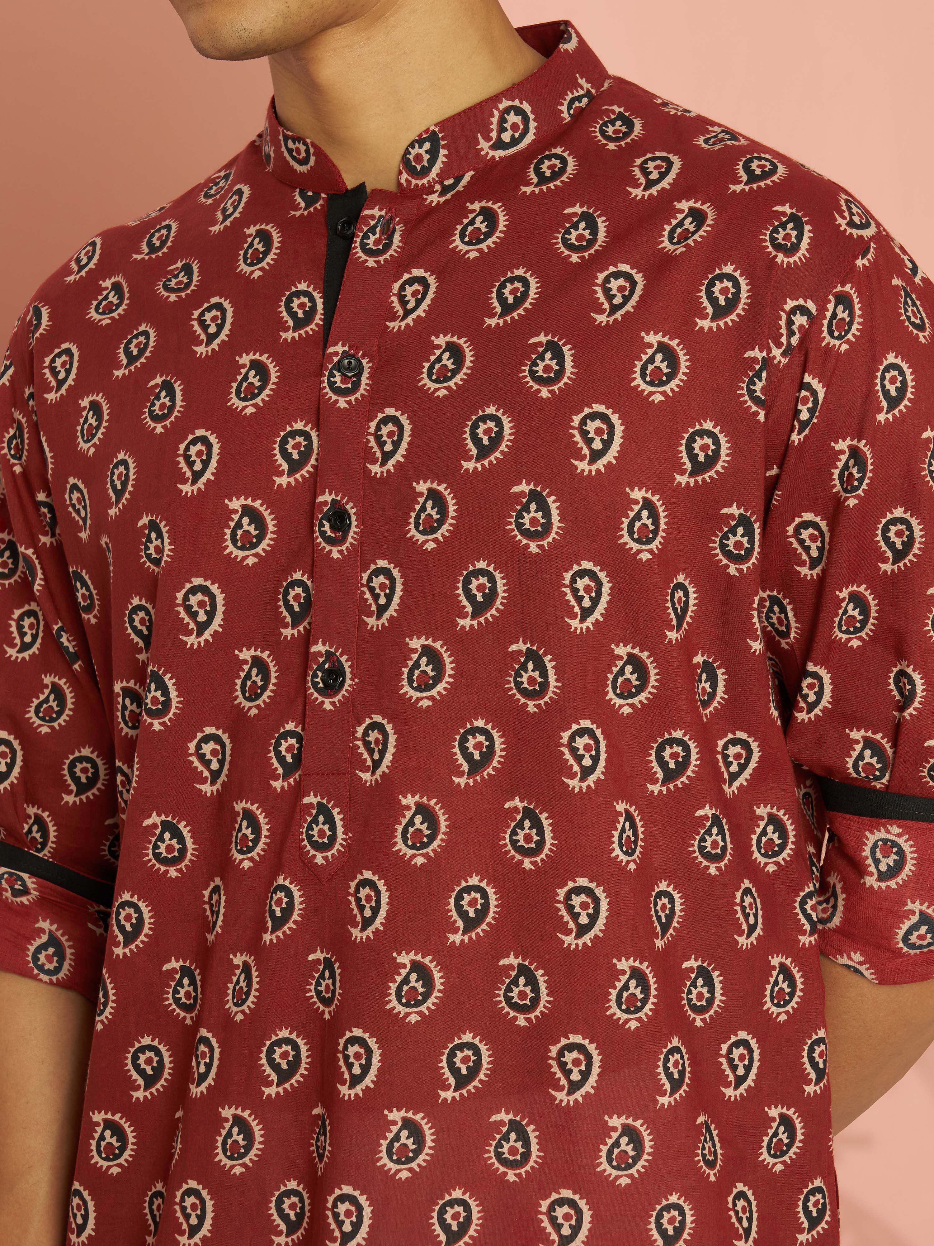 Men's Rust Cotton Paisley Printed Cuffed Sleeve Kurta with White Wide Leg Pant Set - Image 2
