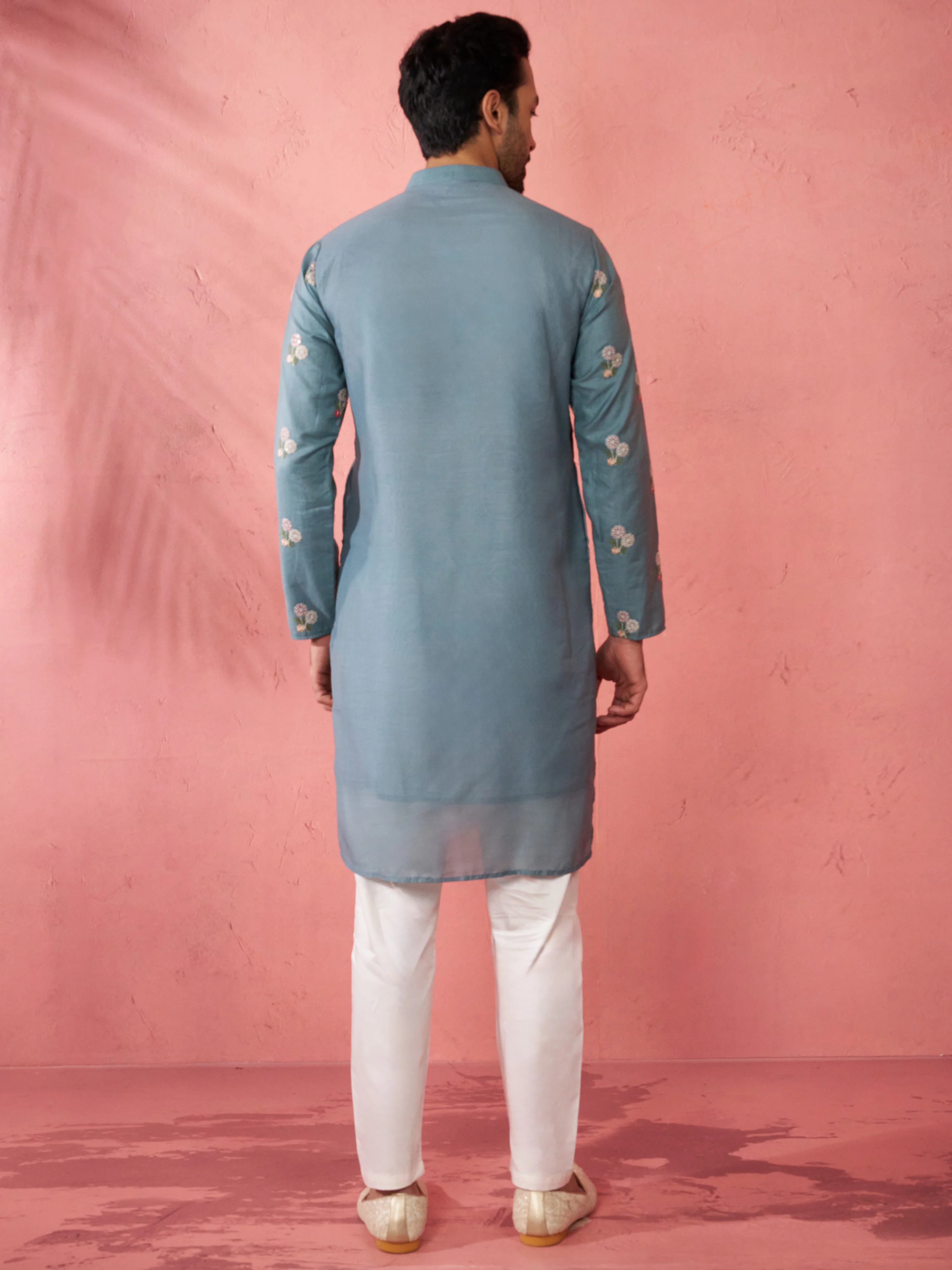 Men's Sage Green Cotton Kurta with Cream Pyjama - Image 5