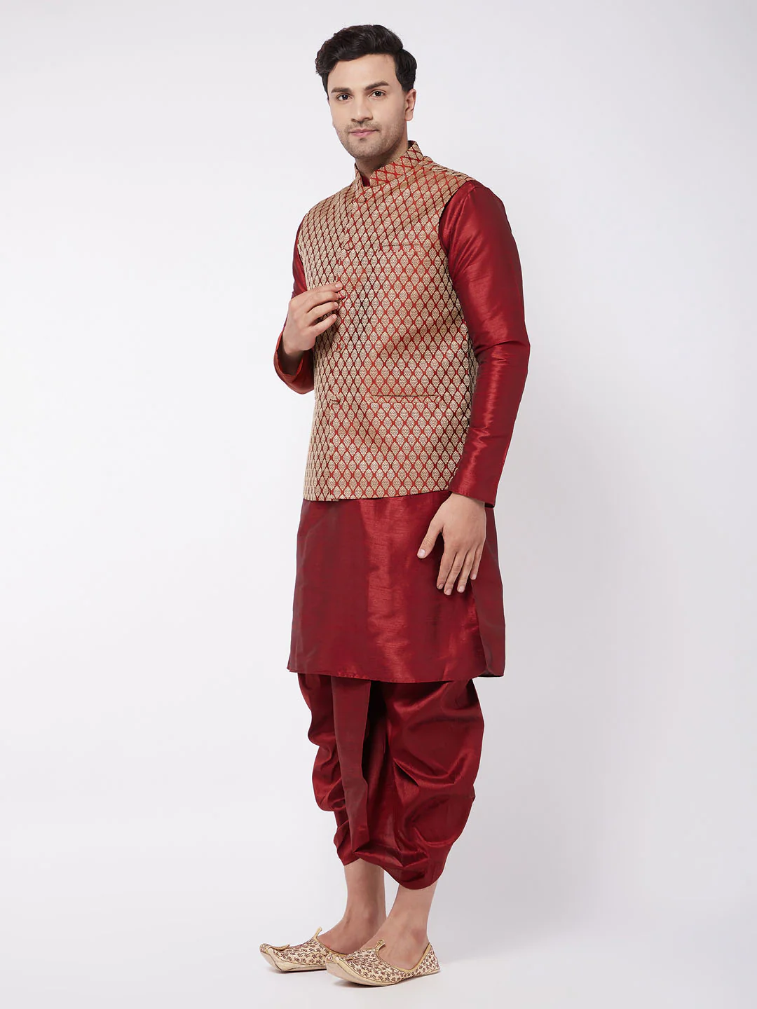 Men's Maroon Silk Blend Jacket With Kurta Dhoti Set - Image 6