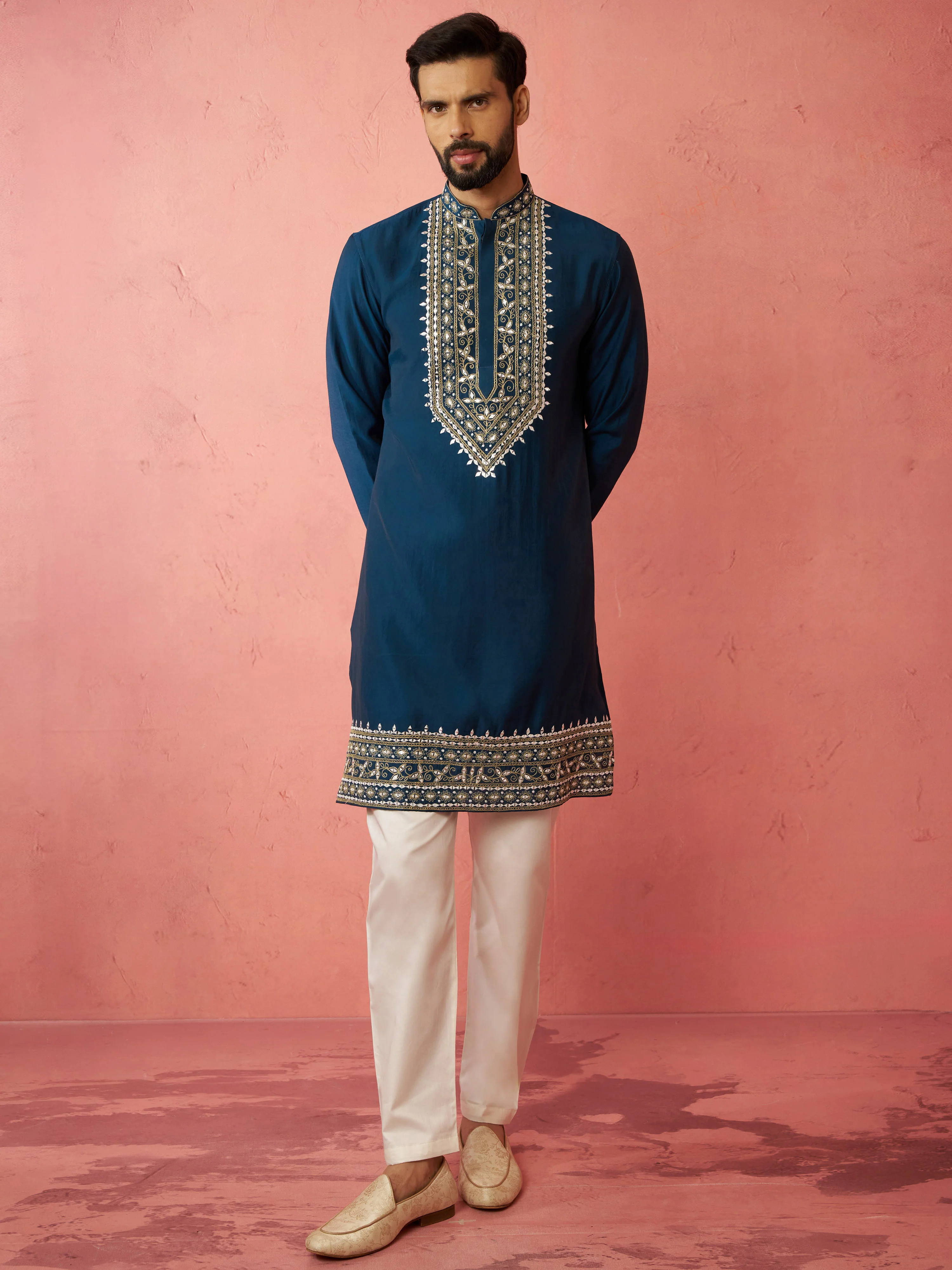 Men's Turquoise Chanderi Kurta Set with Cream Pyjama - Image 3