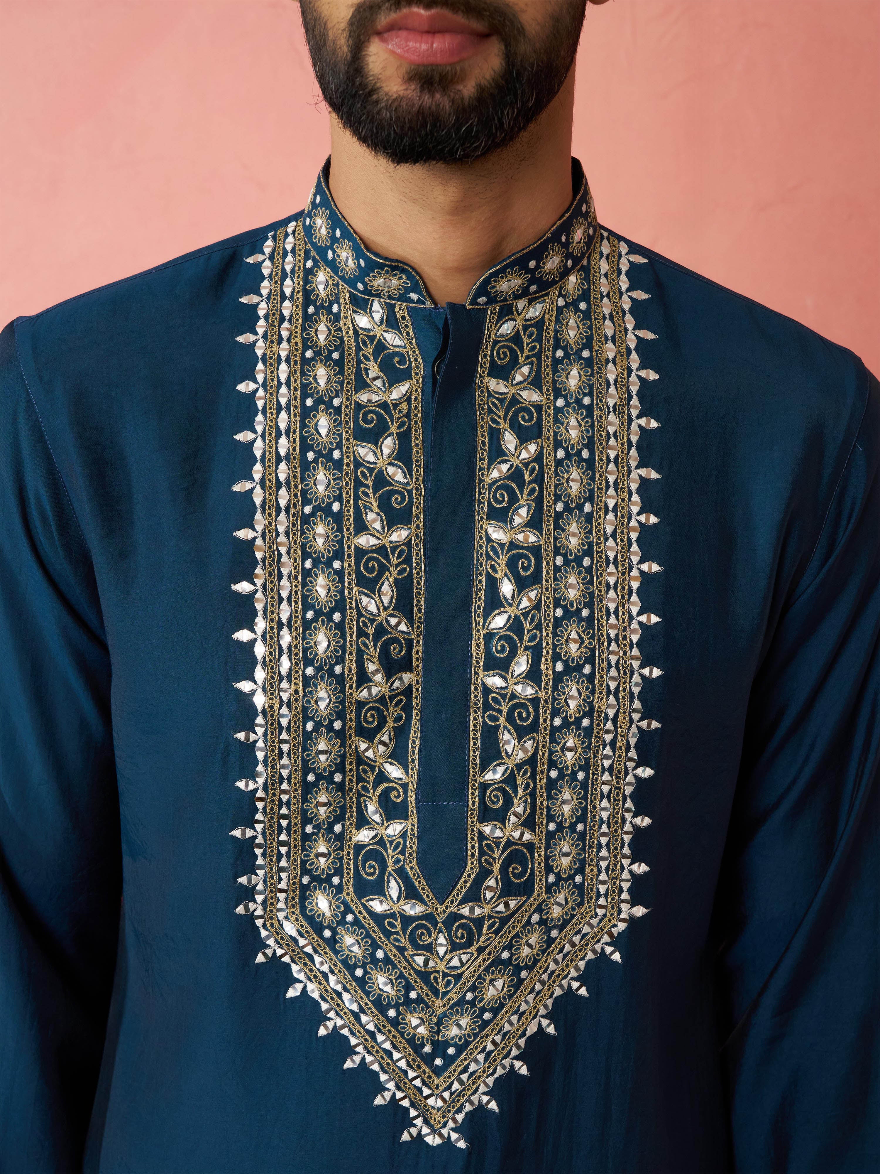 Men's Turquoise Green Modal Chanderi Kurta - Image 2