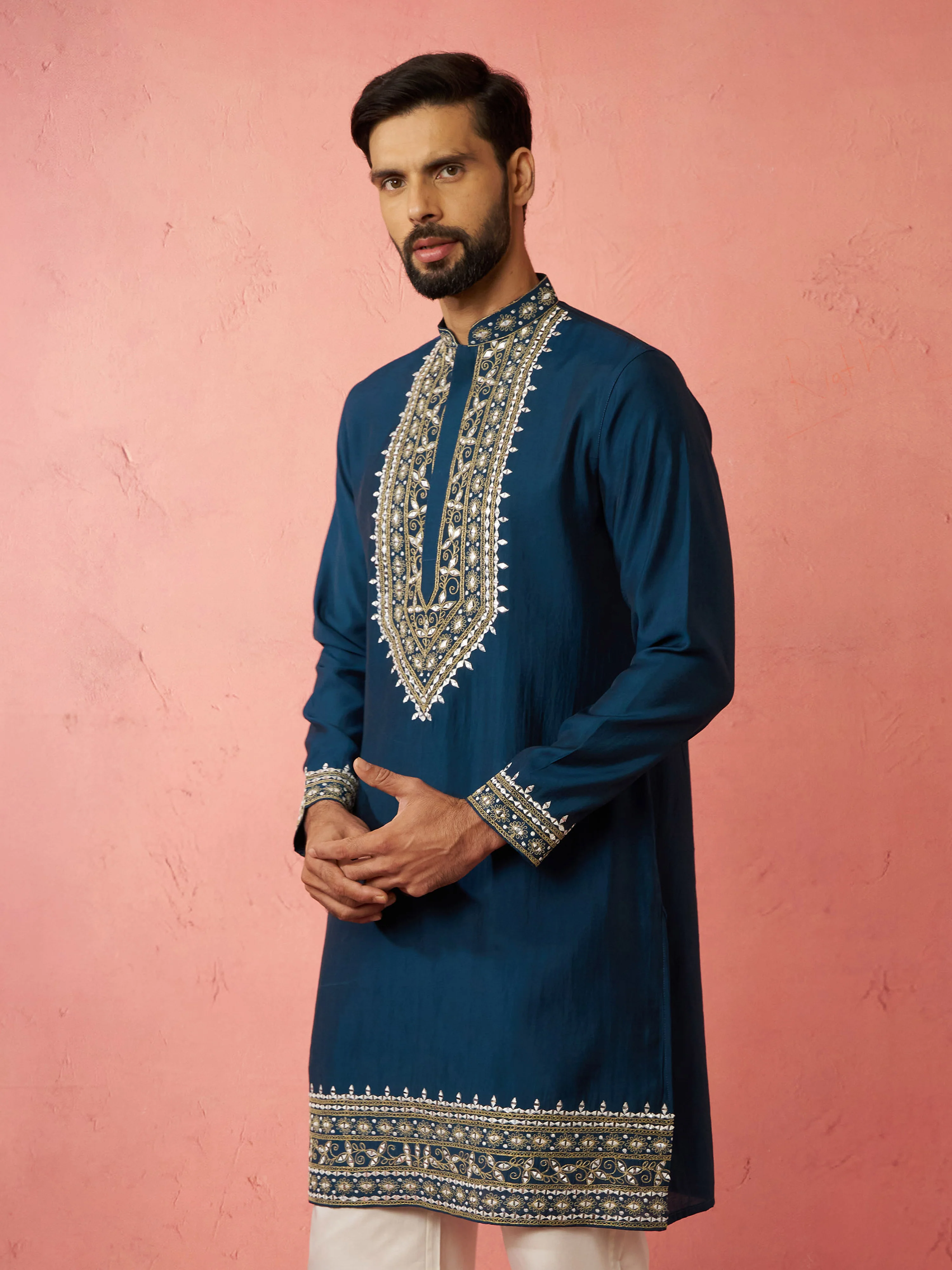 Men's Turquoise Green Modal Chanderi Kurta - Image 4