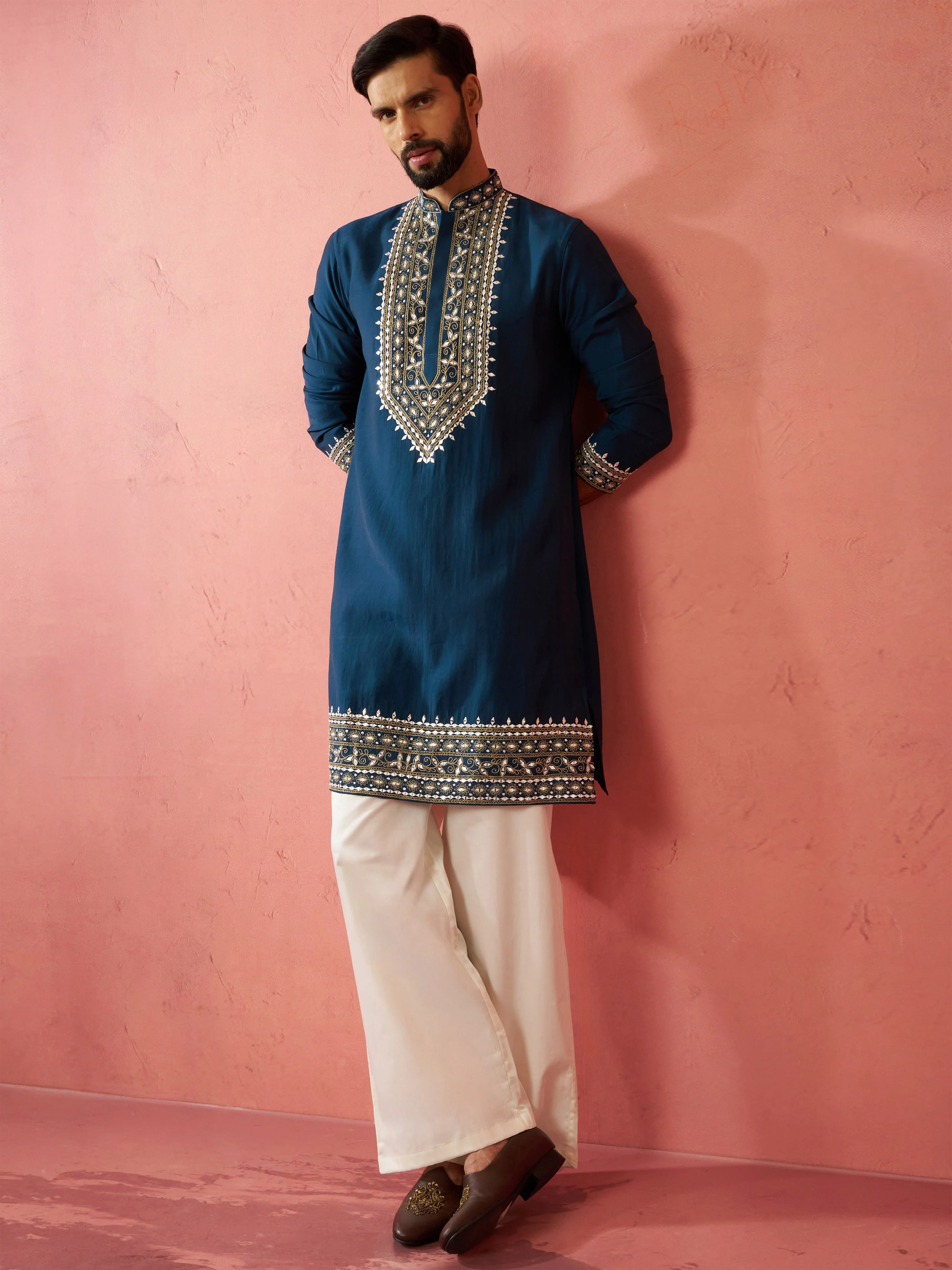 Men's Turquoise Green Modal Chanderi Kurta - Image 6