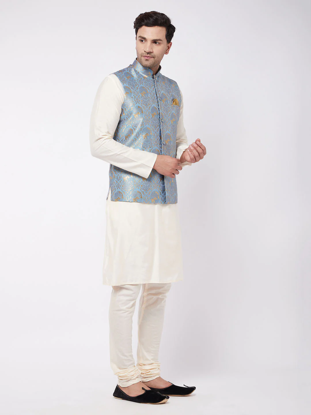 Men's Viscose Cream Kurta And Pyjama With Grey Woven Nehru Jacket - Image 2