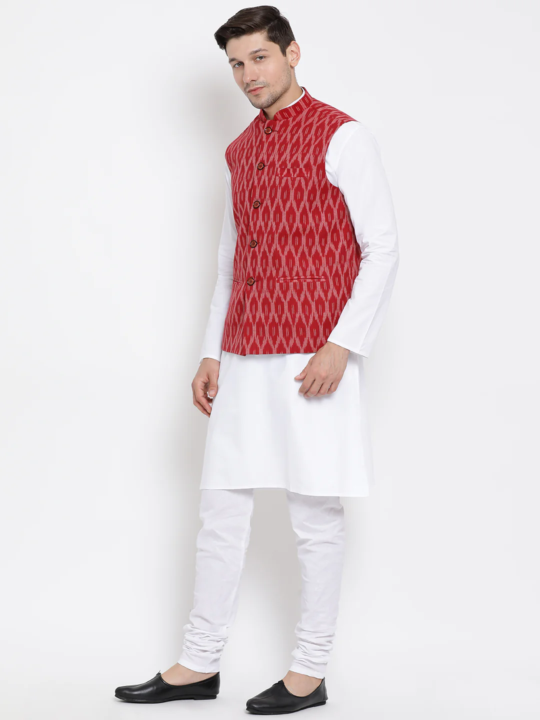 Men's White Cotton Kurta, Maroon Ethnic Jacket and Pyjama Set - Image 2