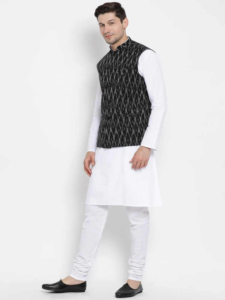 VASTRAMAY Men's White Cotton Kurta, Ethnic Jacket and Pyjama Set - Image 2
