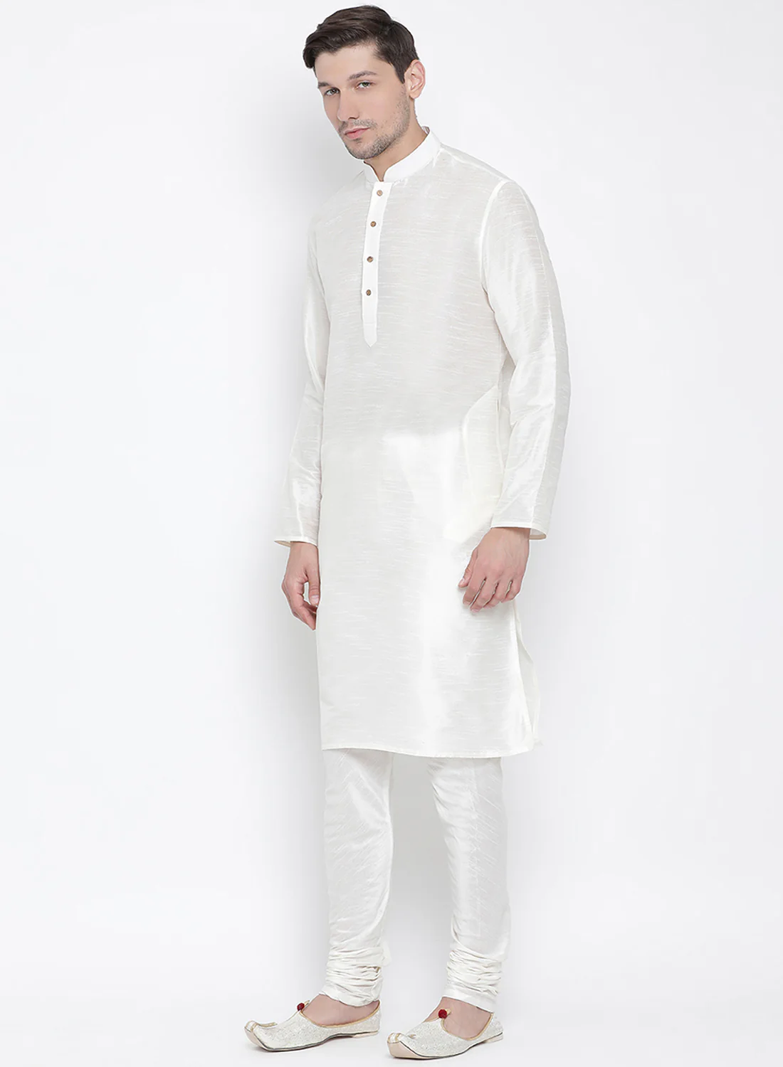 VASTRAMAY Men's White Cotton Silk Blend Kurta and Pyjama Set - Image 2