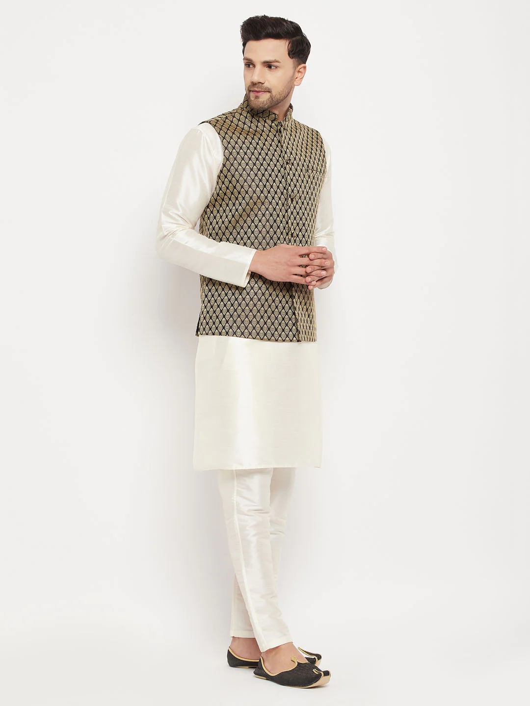 VASTRAMAY Men's Black Silk Blend Jacket With Kurta Pant Set - Image 2