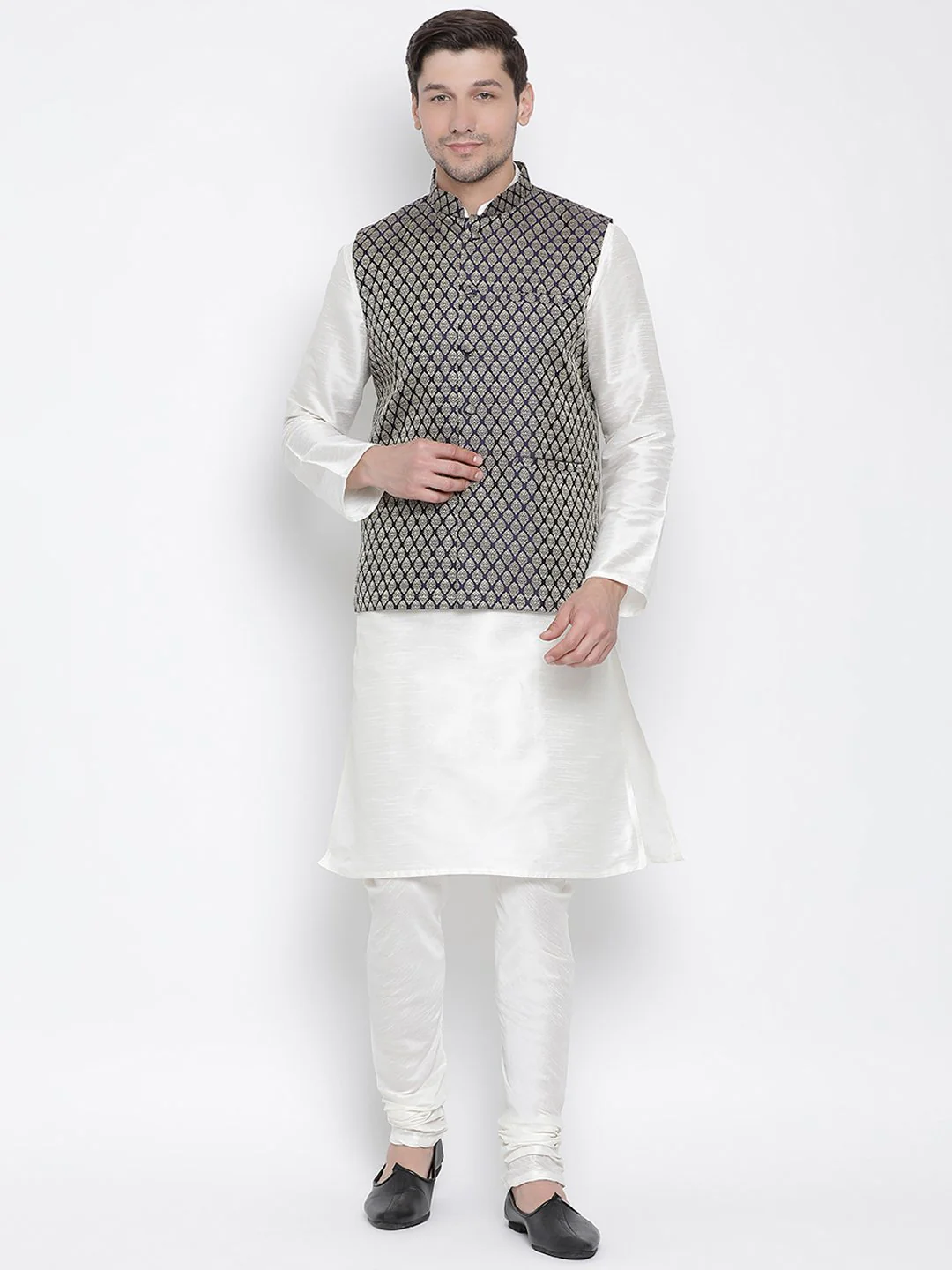 VASTRAMAY Men's Blue Silk Blend Jacket With Kurta Pyjama Set