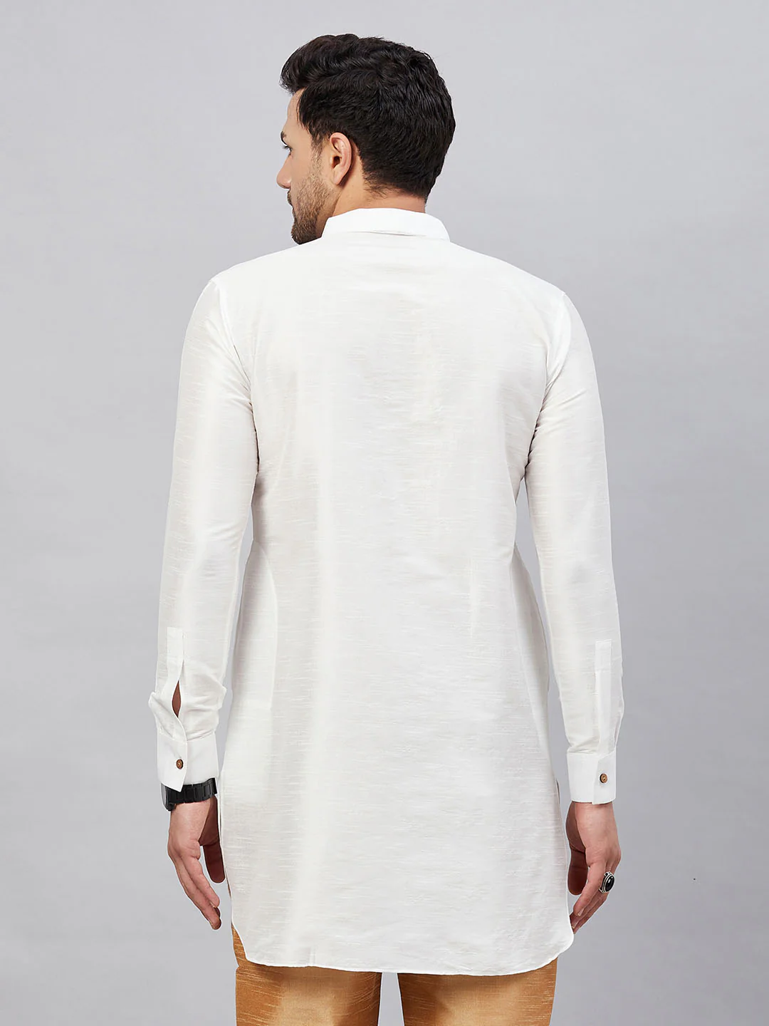 Men's White Silk Blend Curved Kurta - Image 3