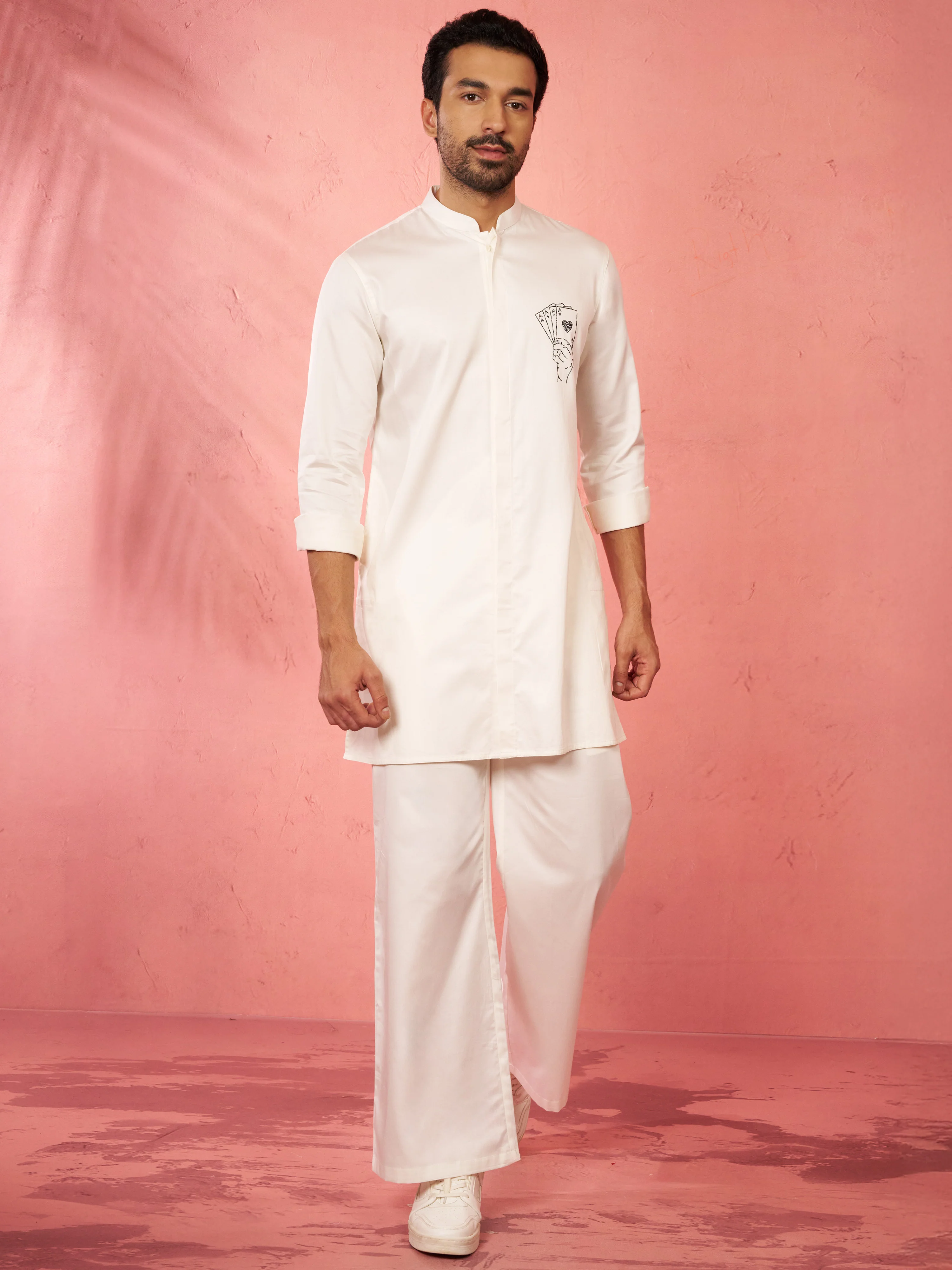 Men's White Fine Satin Stone Work Kurta with Cream Flare Pant - Image 3