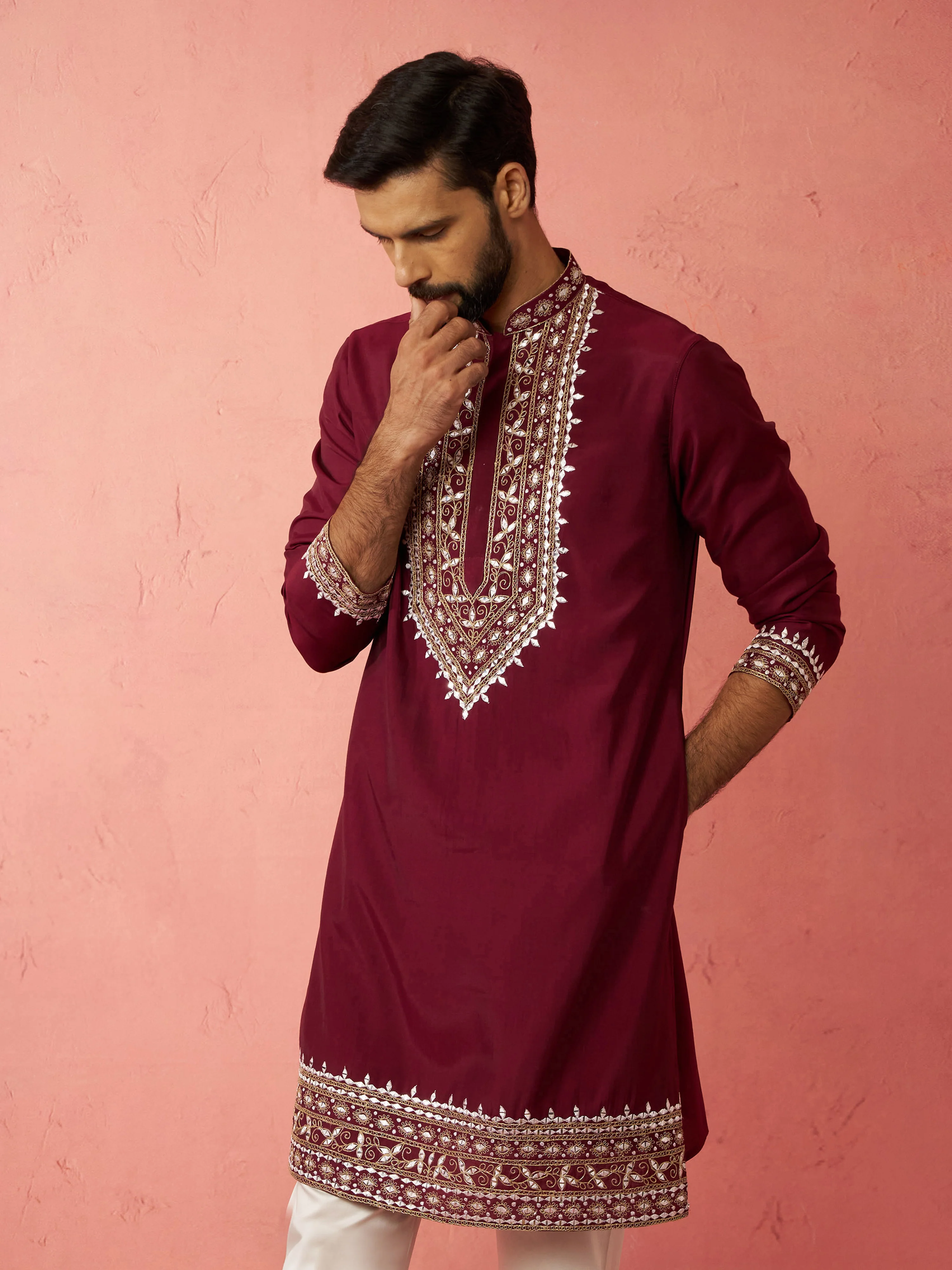 Men's Wine Modal Chanderi Kurta - Image 2