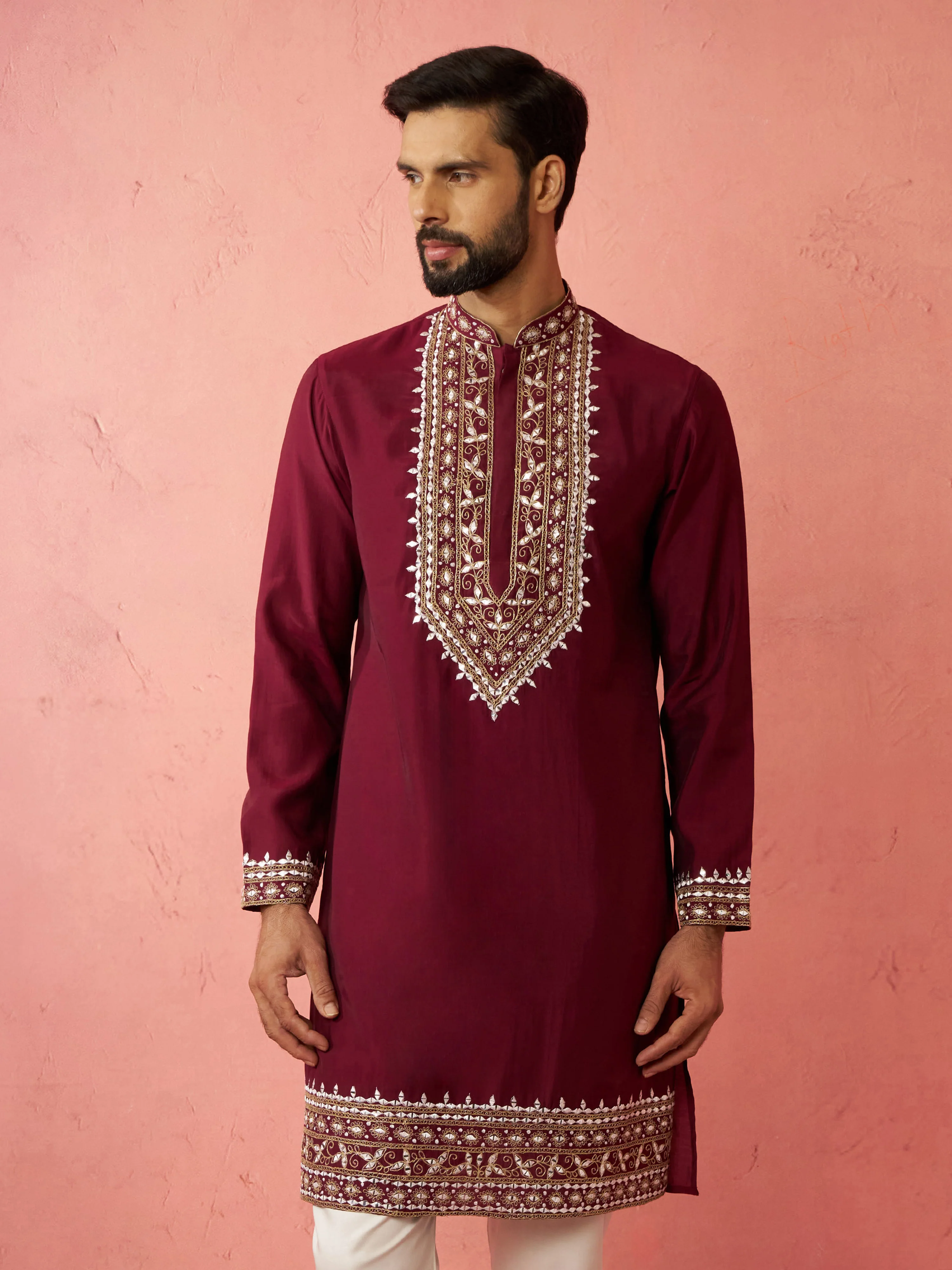Men's Wine Modal Chanderi Kurta - Image 4
