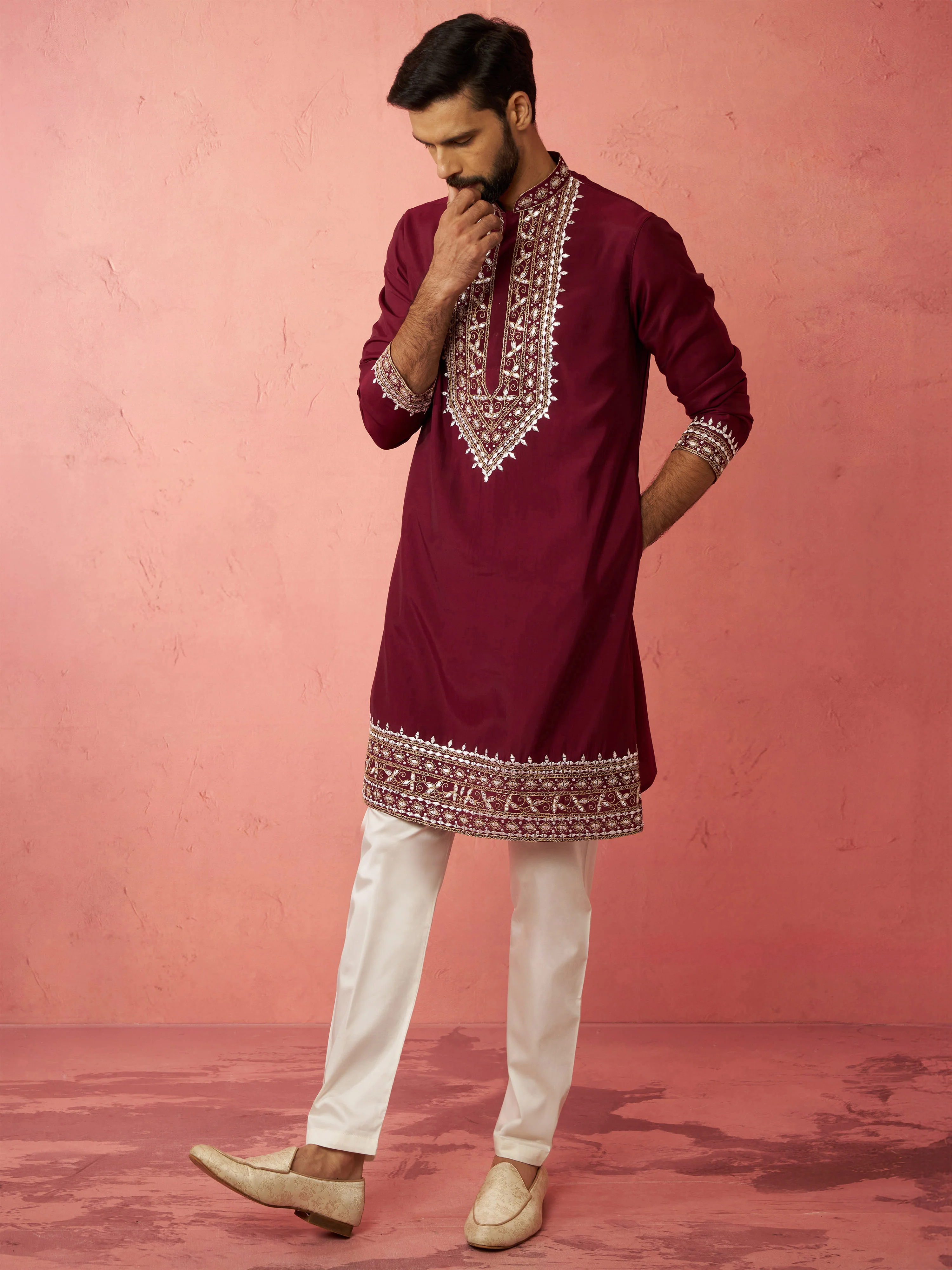 Men's Wine Modal Chanderi Kurta - Image 7