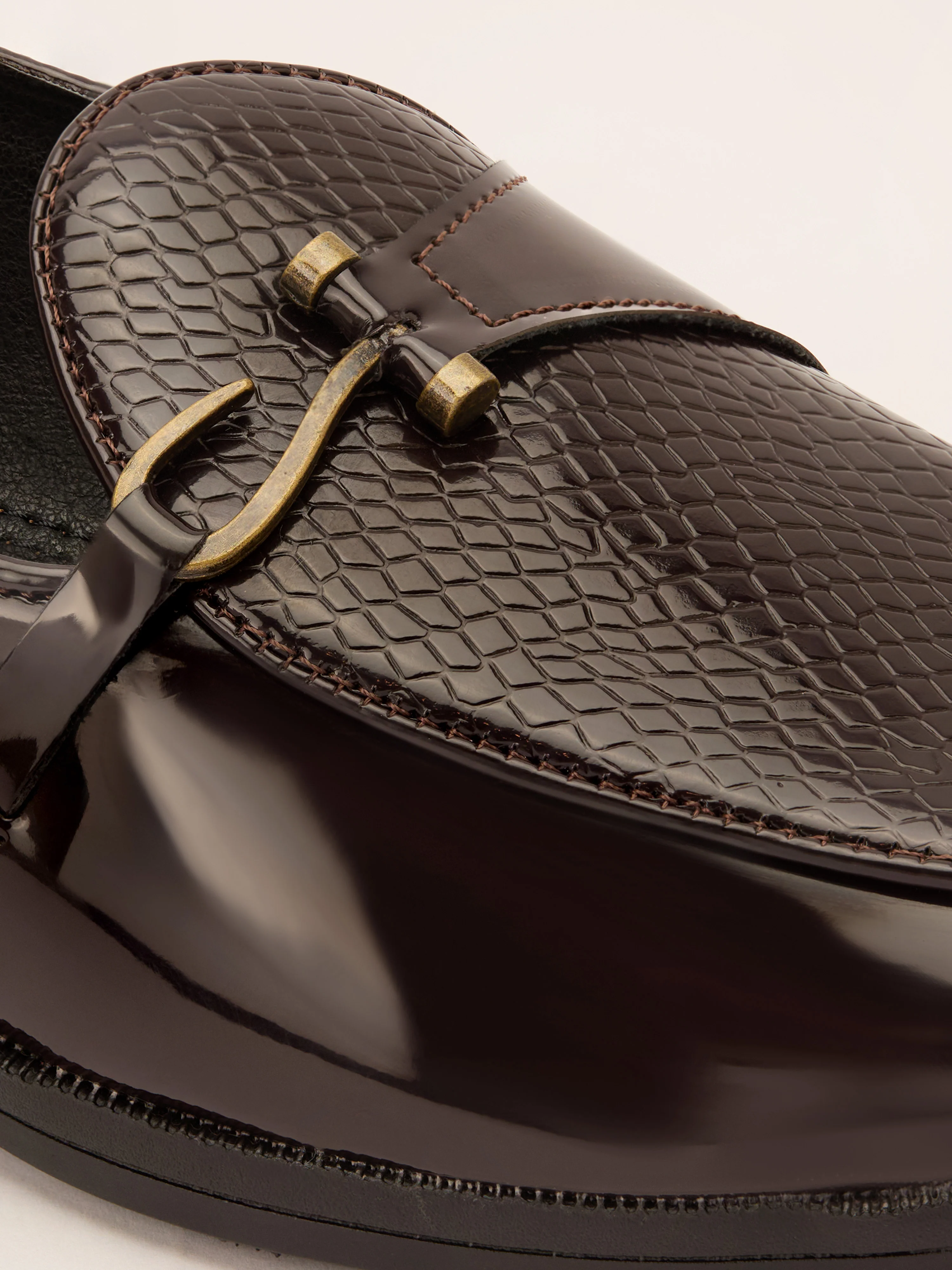 Men's Wine Patent Croc-Embossed Buckle Loafer | Brass-Toned Metallic Strap | High-Shine Finish | Almond Toe | Airmix Sole - Image 2