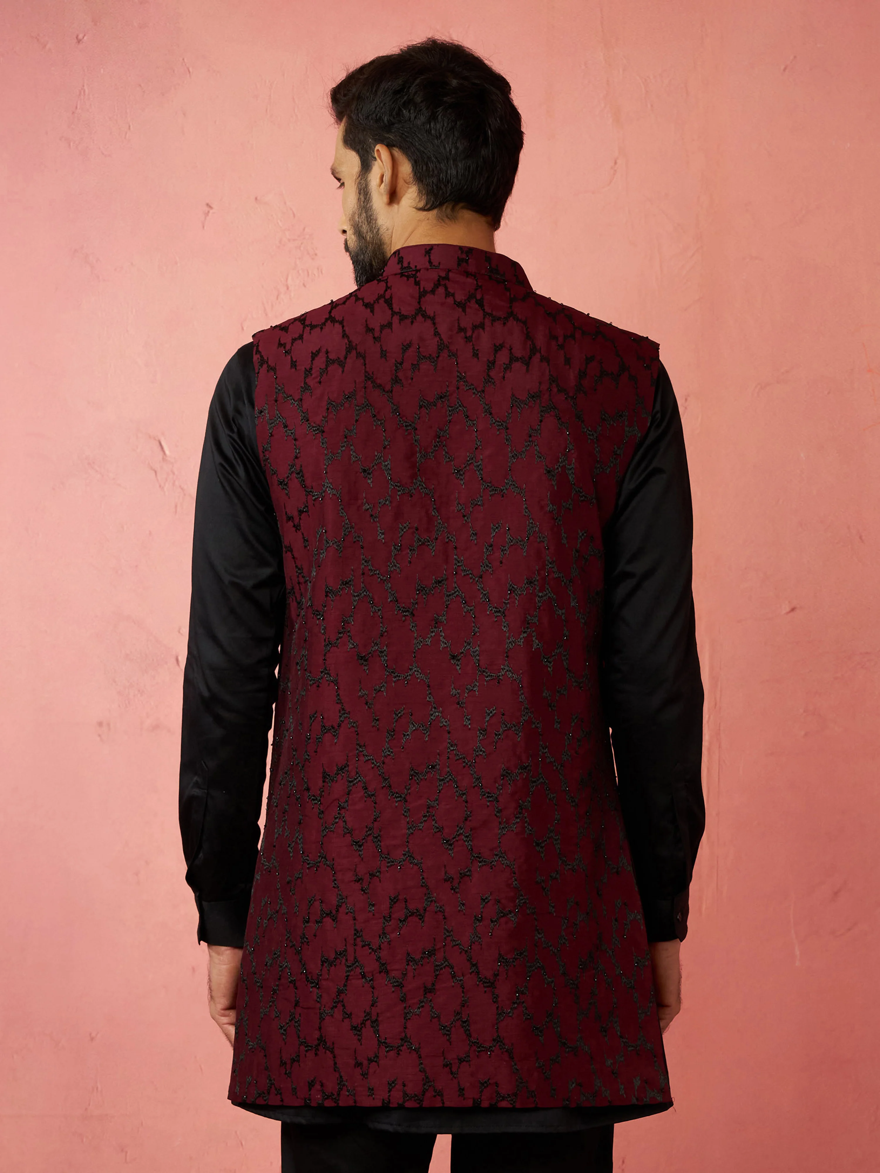 Men's Wine Silky Abstract Embroidered Nehru Jacket - Image 5