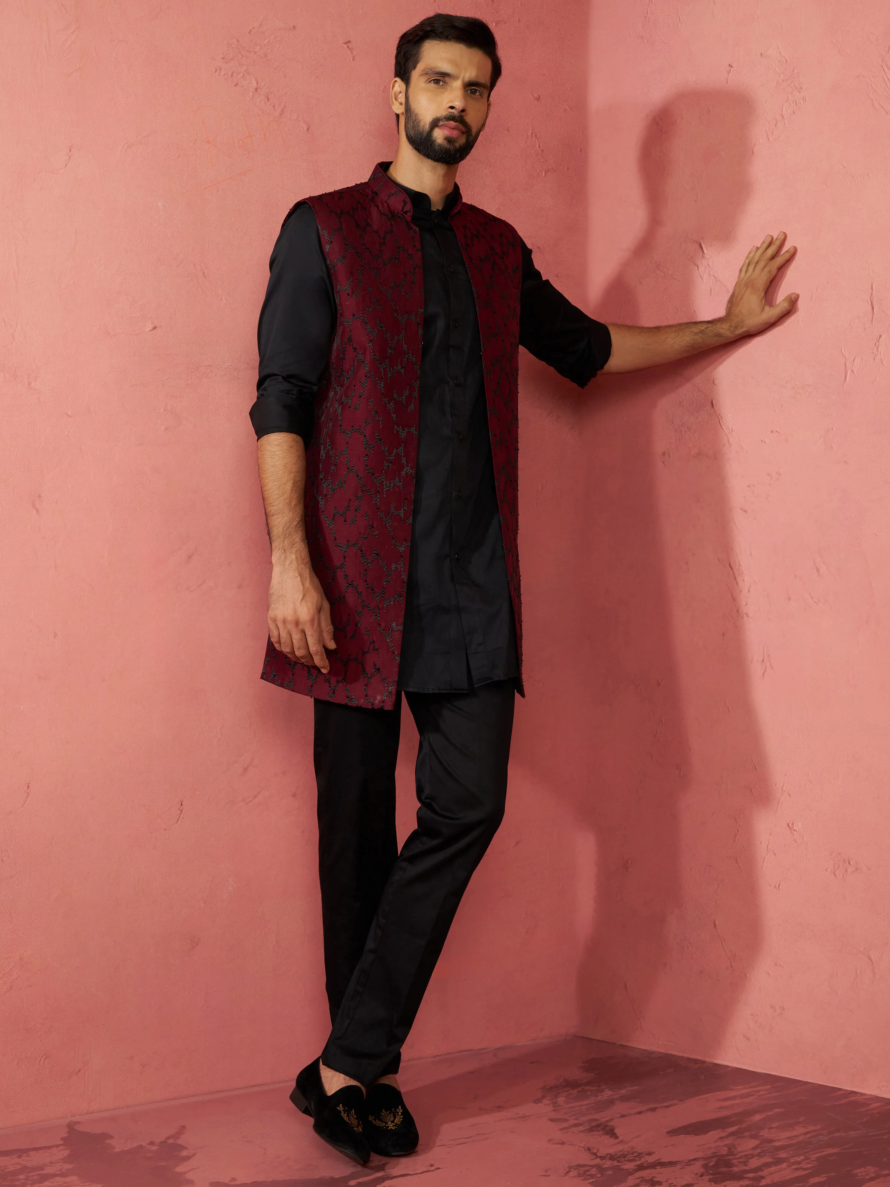 Men's Wine Silky Abstract Embroidered Nehru Jacket - Image 6