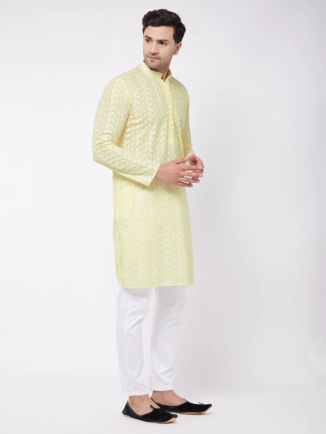 Men's Yellow Pure Cotton Chikankari Kurta With Pant Set - Image 2